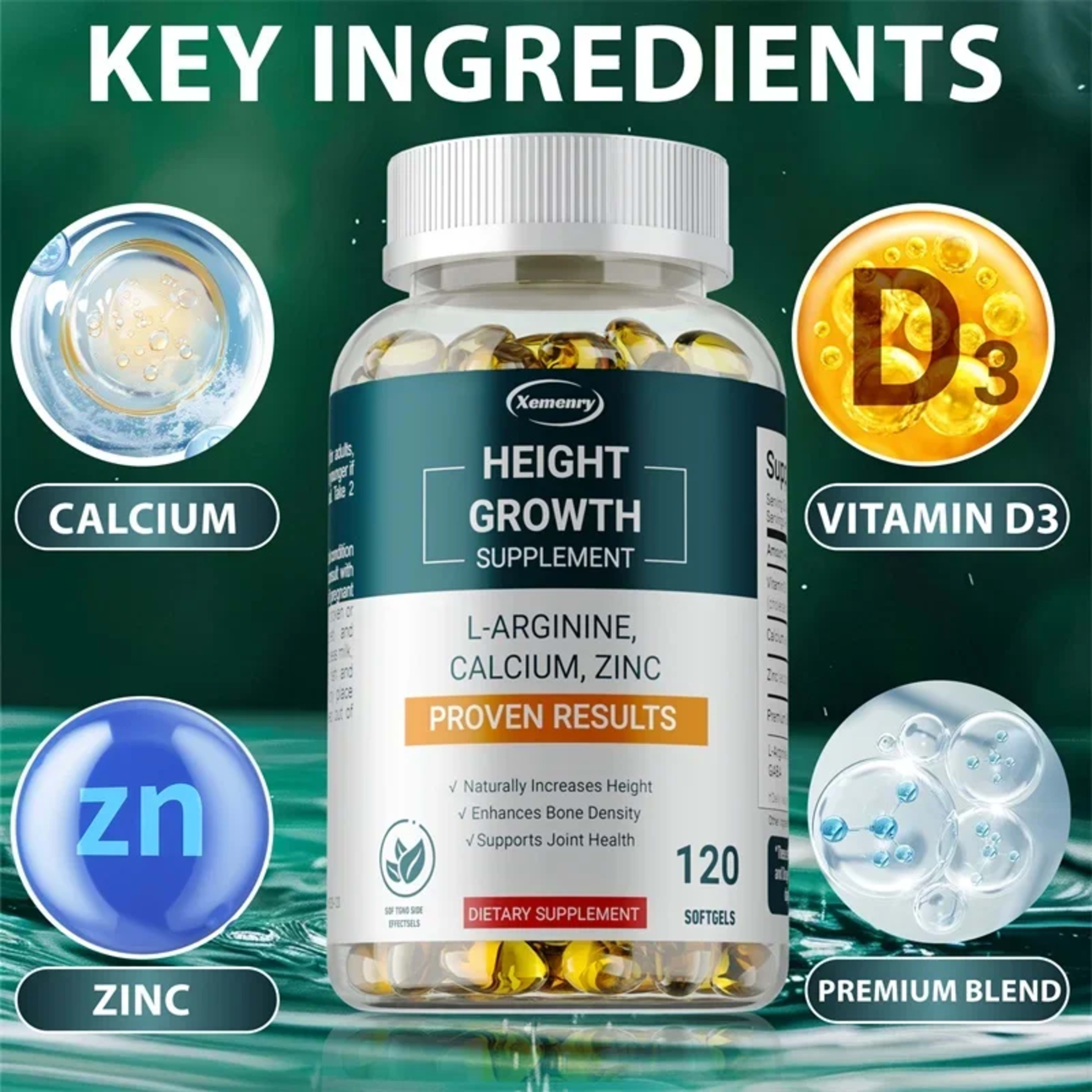 Height Growth Supplements - Supports Bone and Joint Health, Natural Height Growth, Promotes Absorption, and Boosts Immun 3