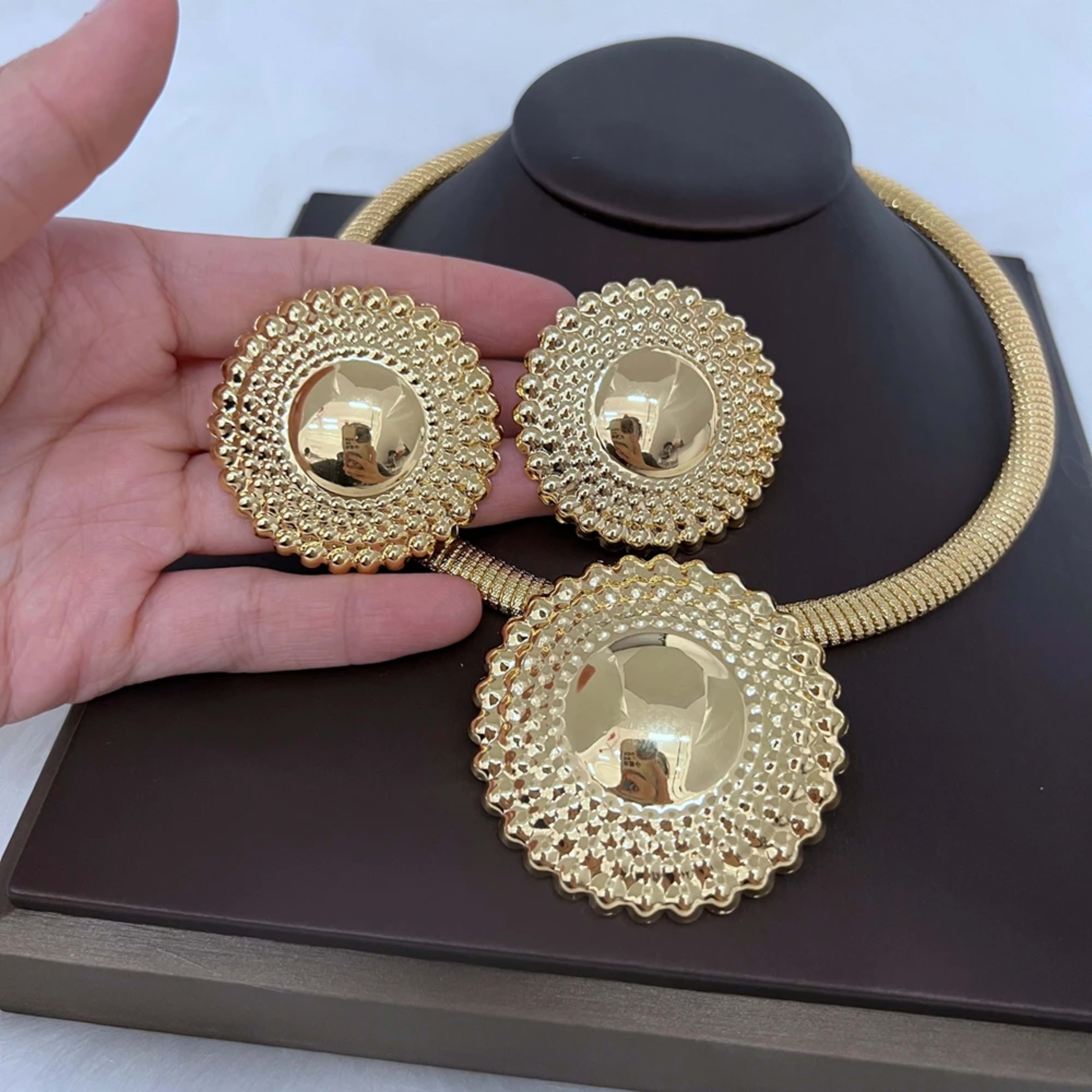 Dubai Jewelry Set for Women Round Beads Pendant Necklace and Earrings Gold Plated Jewelry Set for Weddings Bride Accesso 3