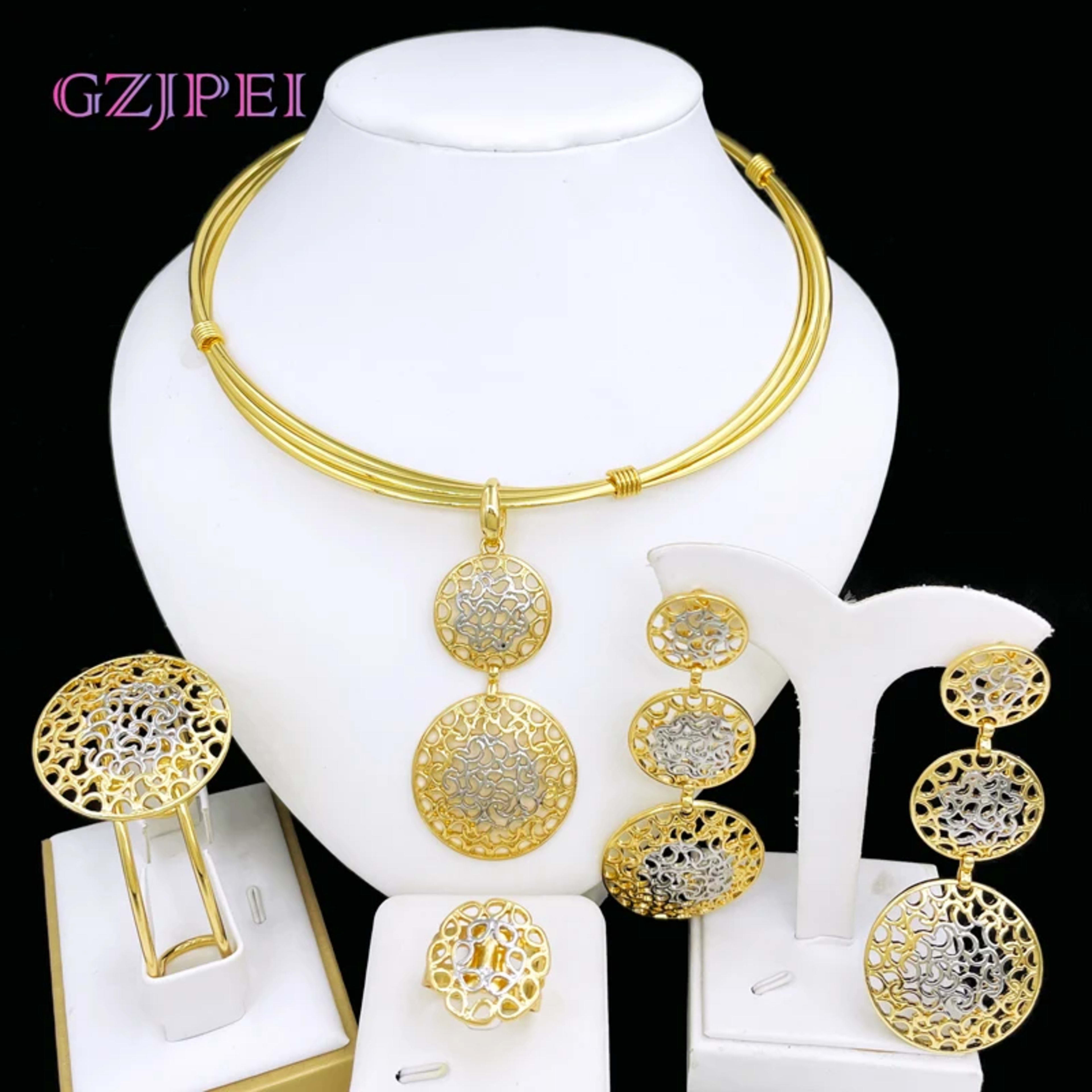 Women Jewelry Set Two Tone Design Luxury Nigeria Trending Choker Pendant Earrings Ring Bracelet Wedding Party Gift