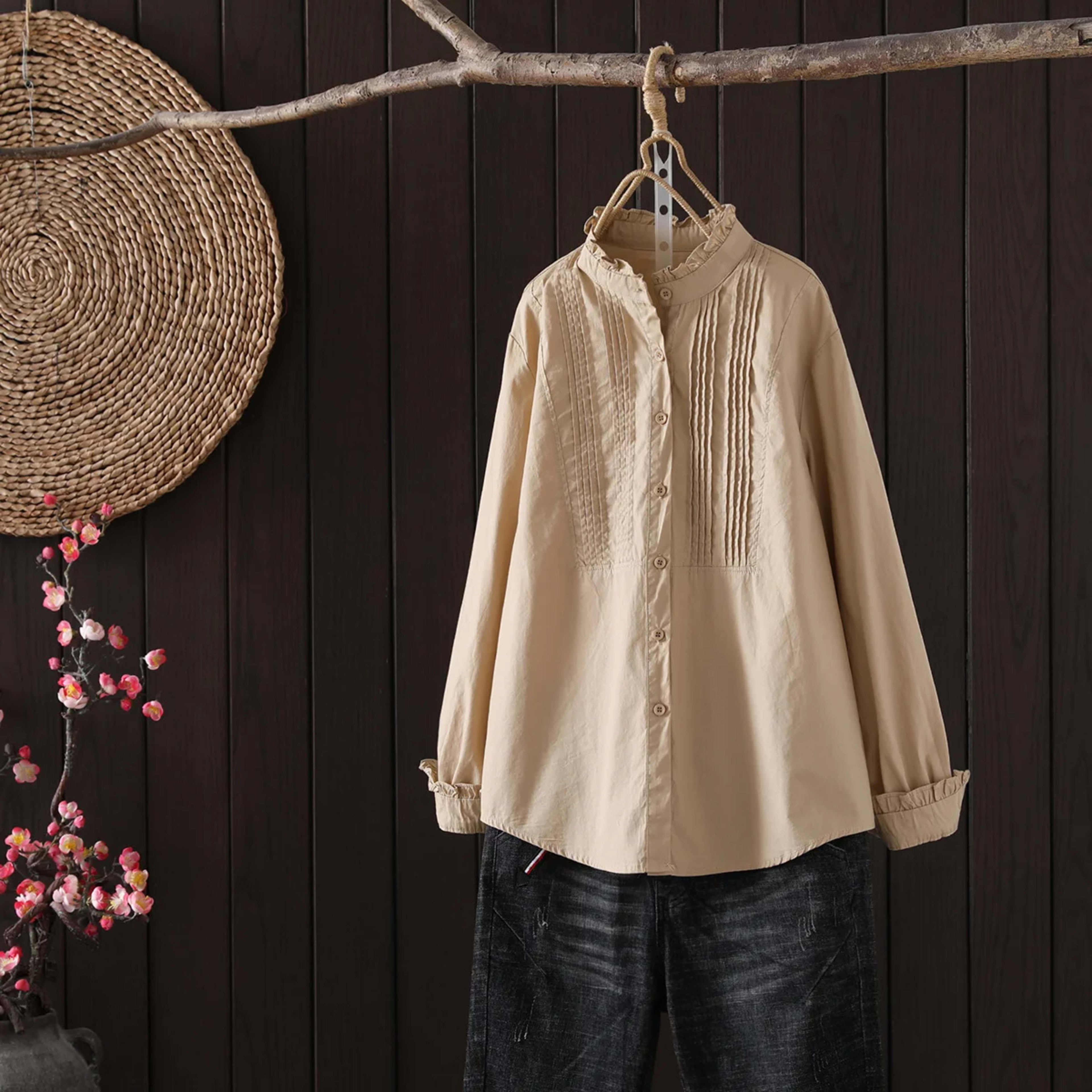 Blusas Mujer De Moda Stand Collar Blouse Women Long Sleeve Cotton Pleated Blouse Shirt Women Tops Women Blouses Shirts B 4
