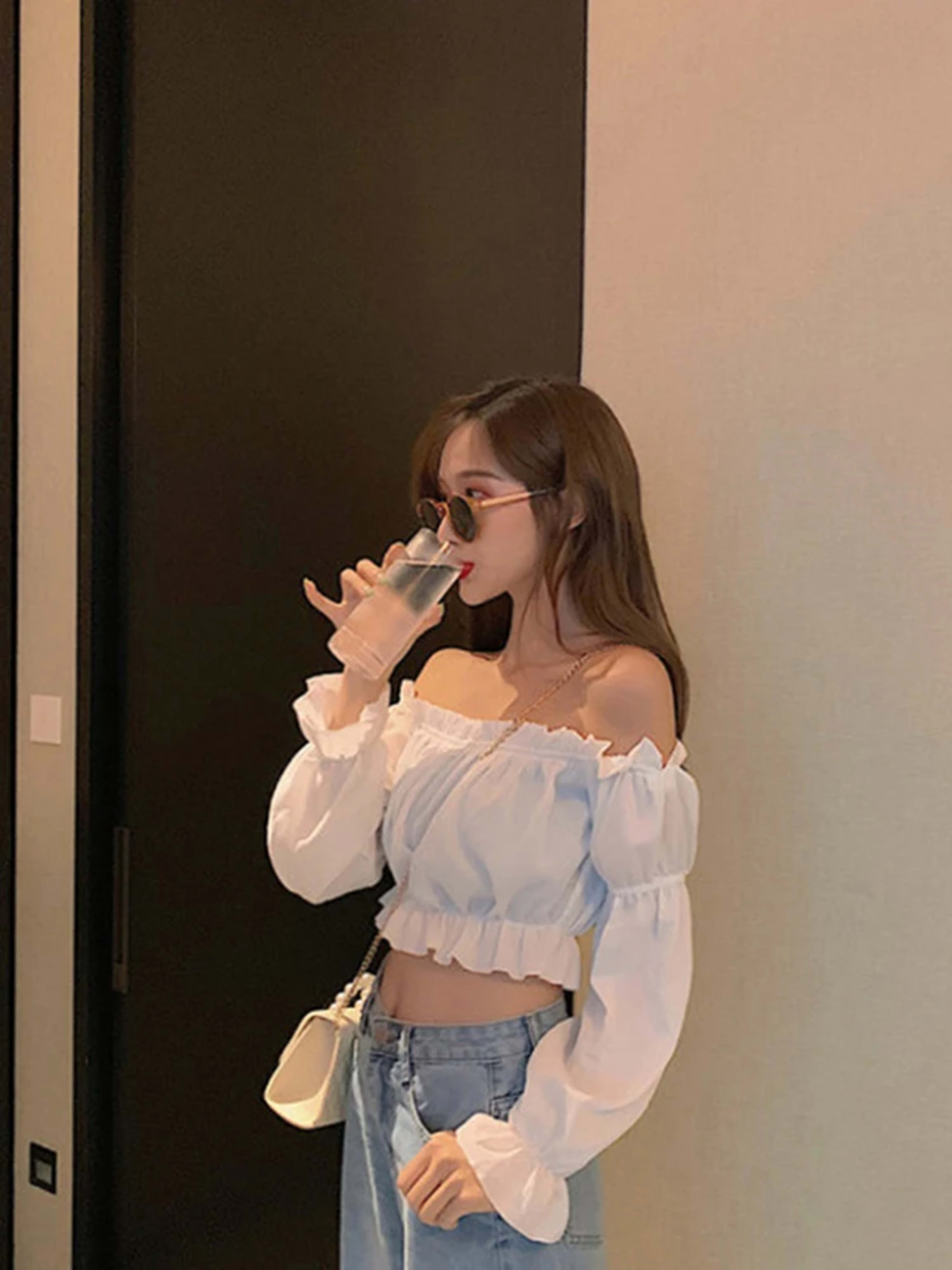Women Top Sexy Blouse Off Shoulder Top Long Sleeve Solid Color White Shirt Puff Sleeve Ruffle Tunic Crop Top Summer Tube 3