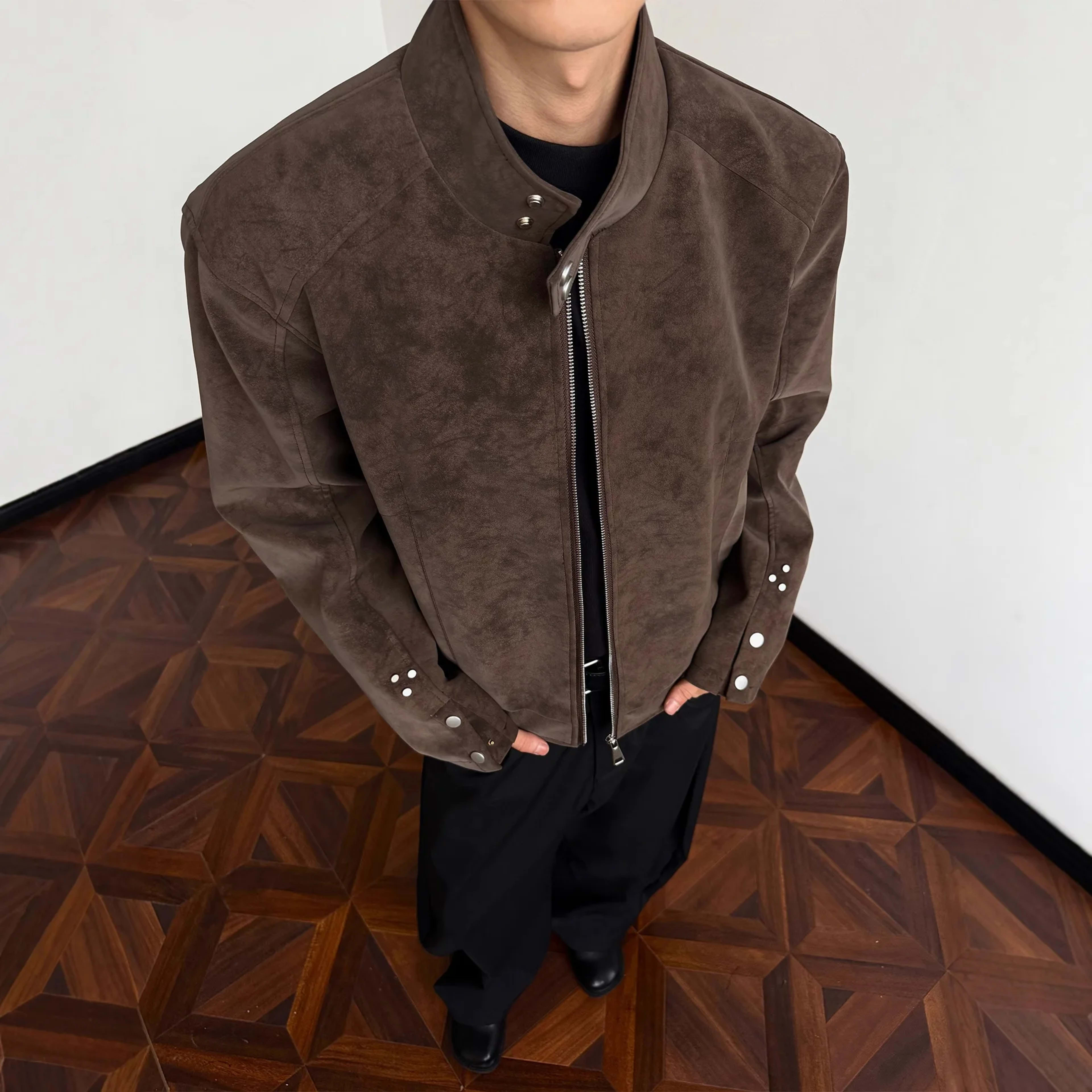 Man Short Jacket 2025 Autumn Motorcycle Jacket Retro Suede Jacket Unisex Oversized Couples' Camel Tone Streetwear Coat 1