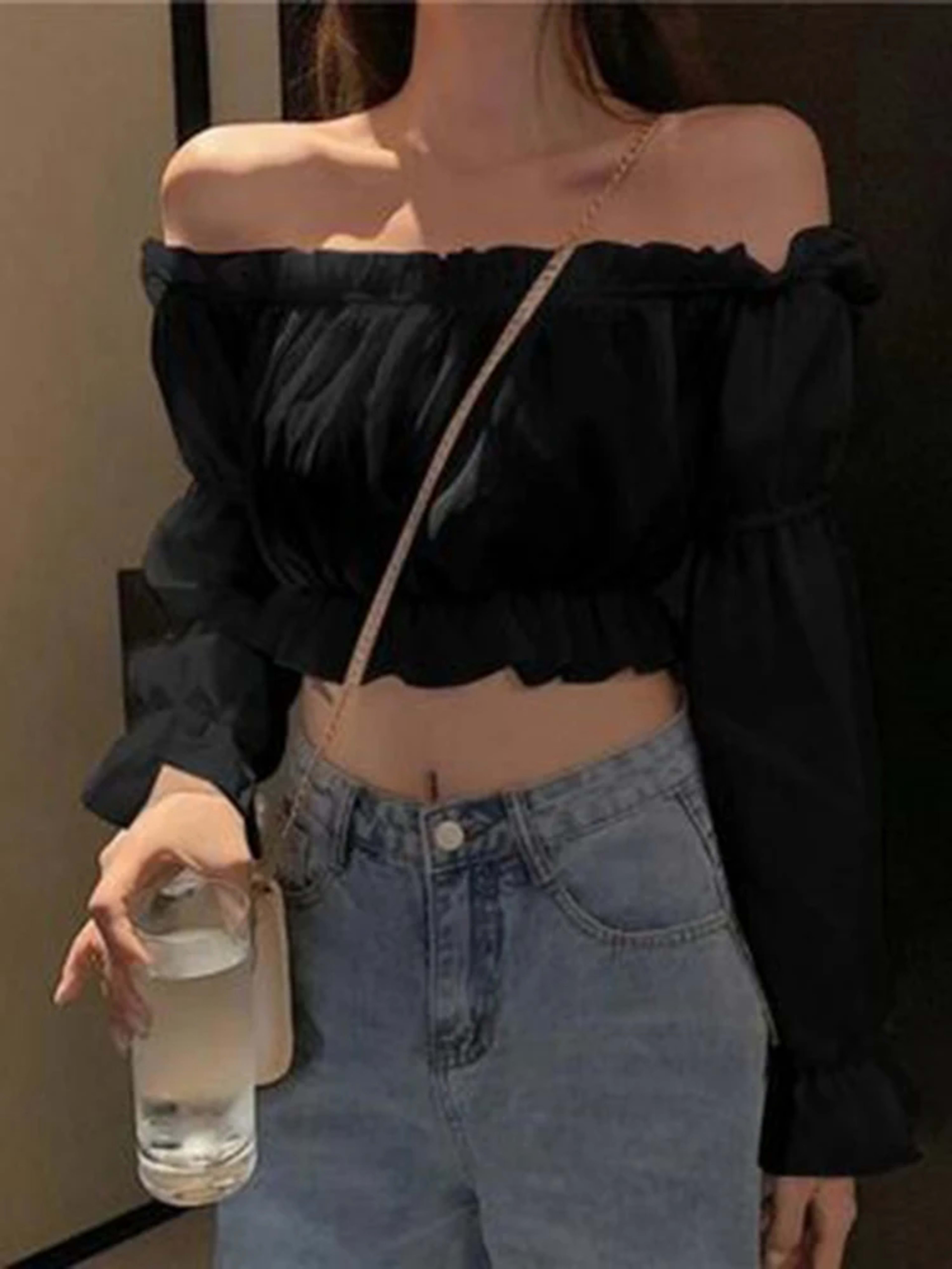 Women Top Sexy Blouse Off Shoulder Top Long Sleeve Solid Color White Shirt Puff Sleeve Ruffle Tunic Crop Top Summer Tube 6