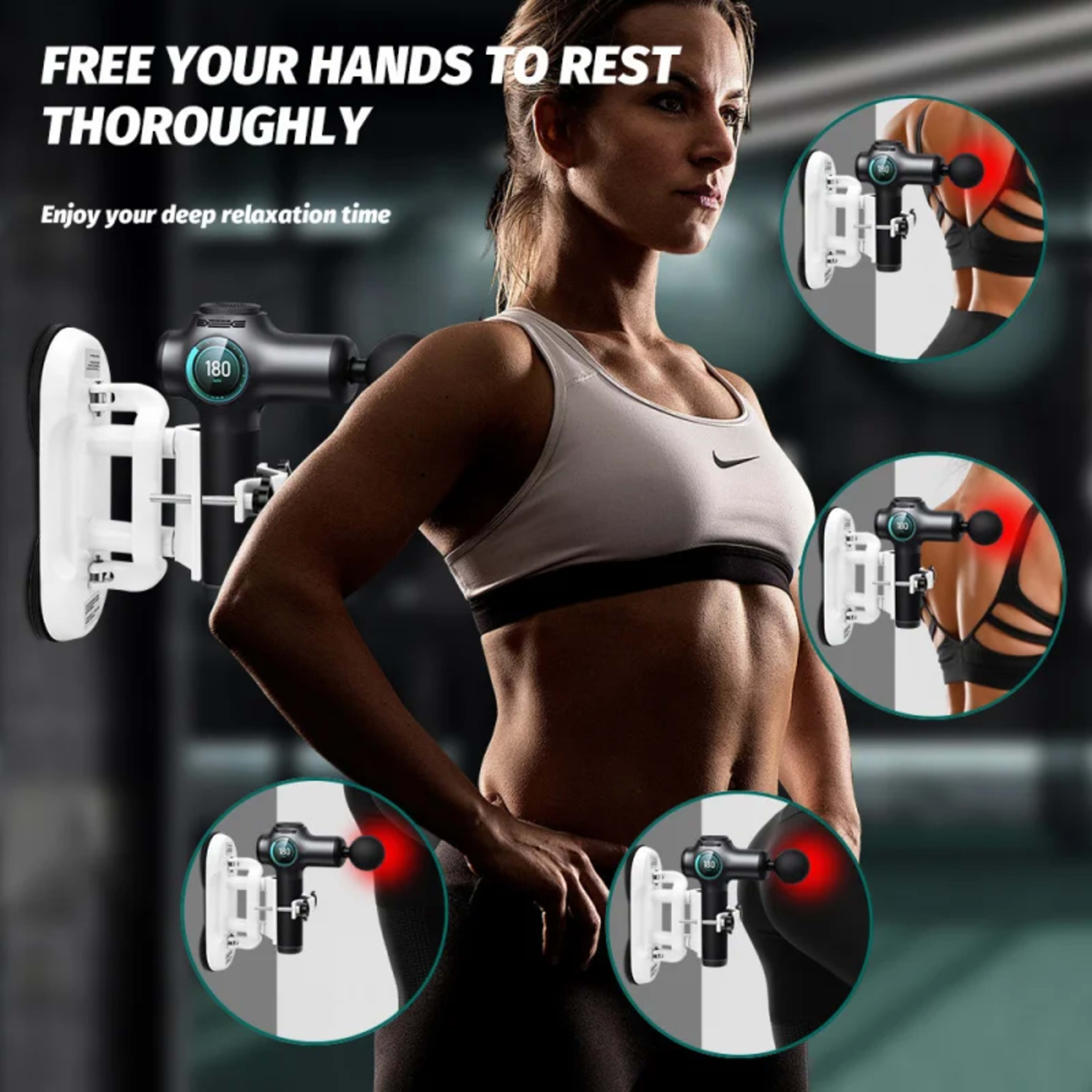 Hands-Free Massage Gun Holder with Double Suction Base, Adjustable Fascia Gun Mount for Muscle Recovery and Fitness Rela 1