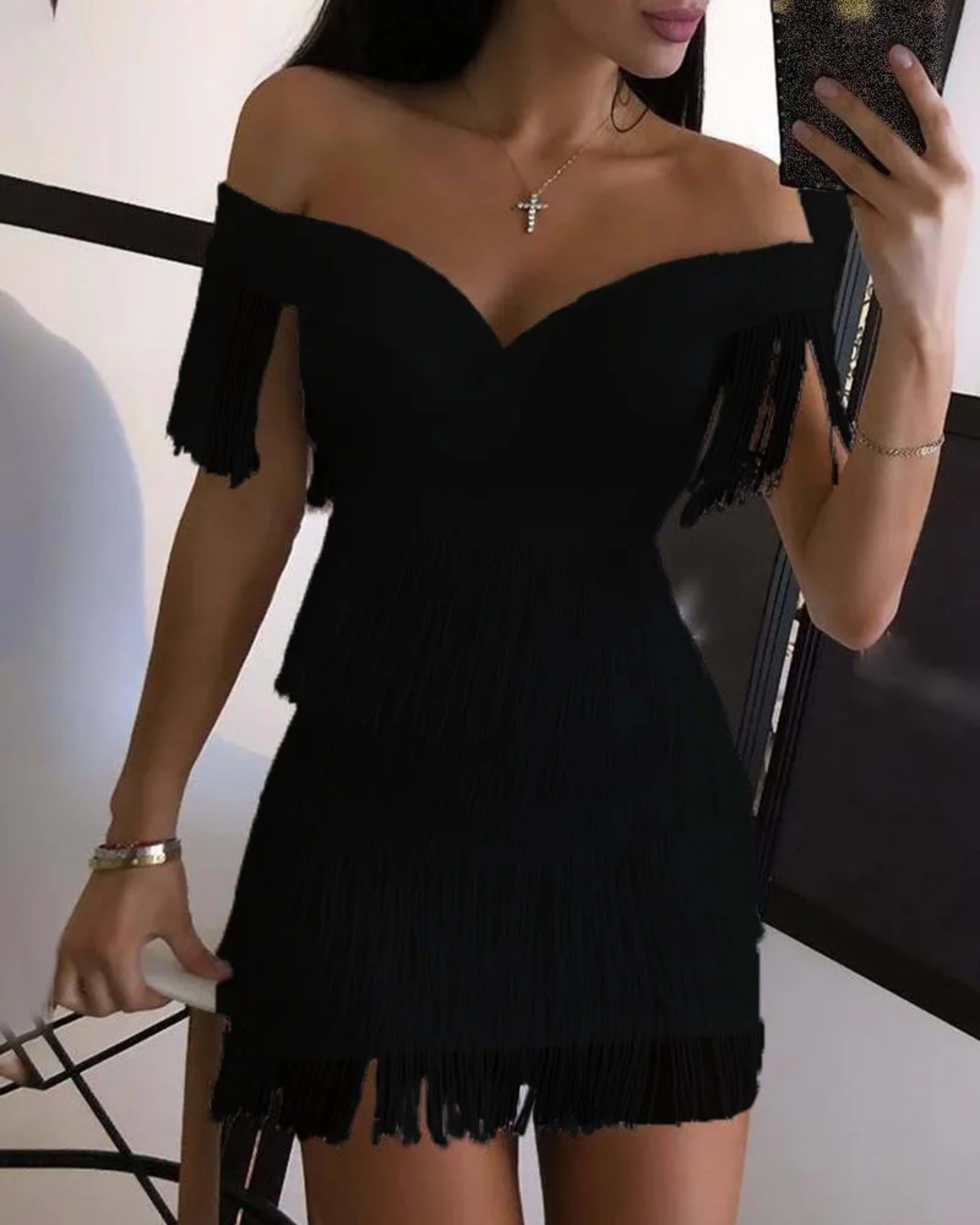Women Evening Dresses Sexy Big V Neck One-shoulder Fringed Skirt Ladies Temperament Slim Dress Short Sleeve Club Dress V