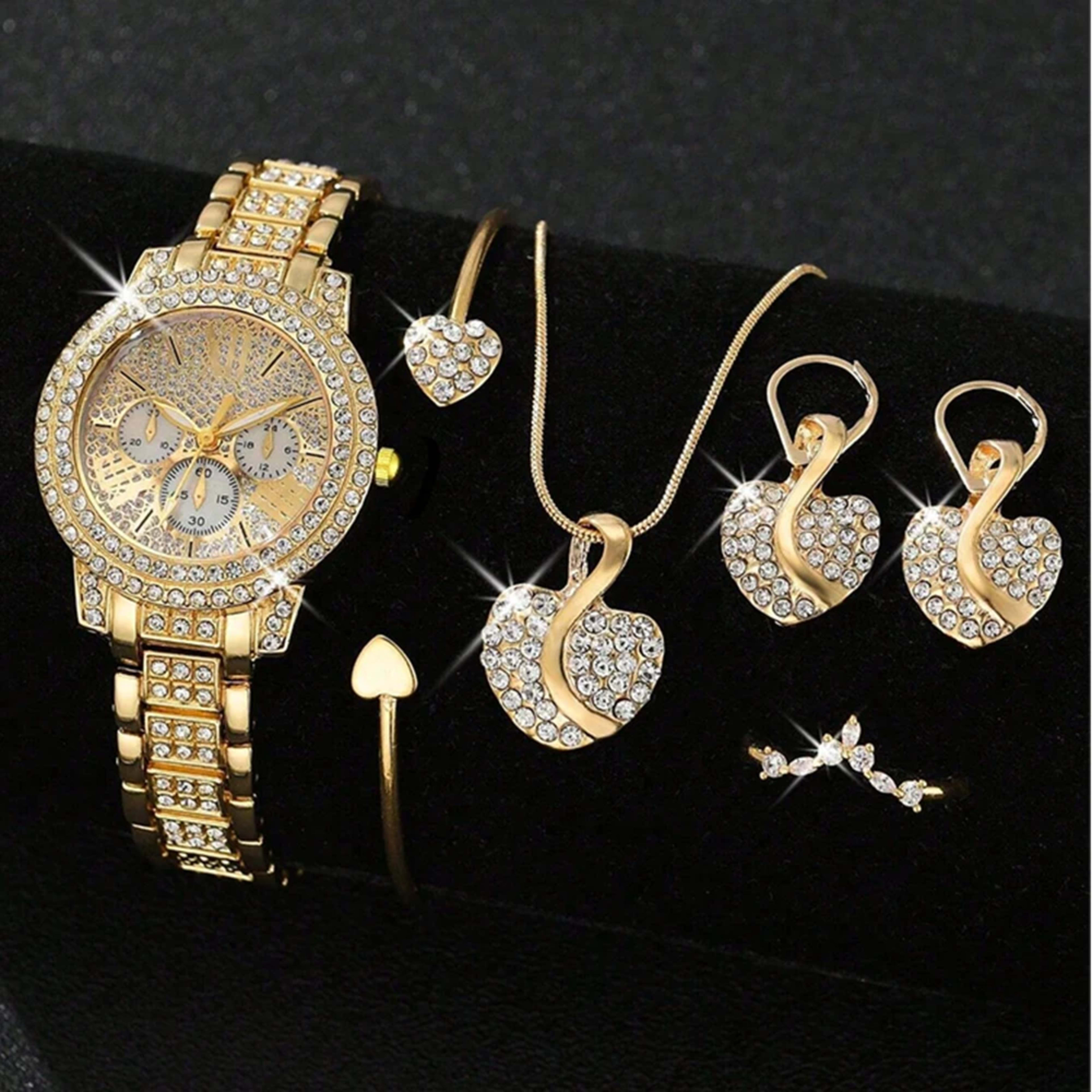 Women's Quartz Watch Gold Luxury Women Ring Necklace Earring Rhinestone Fashion Wristwatch Casual Ladies Watches Jewelry