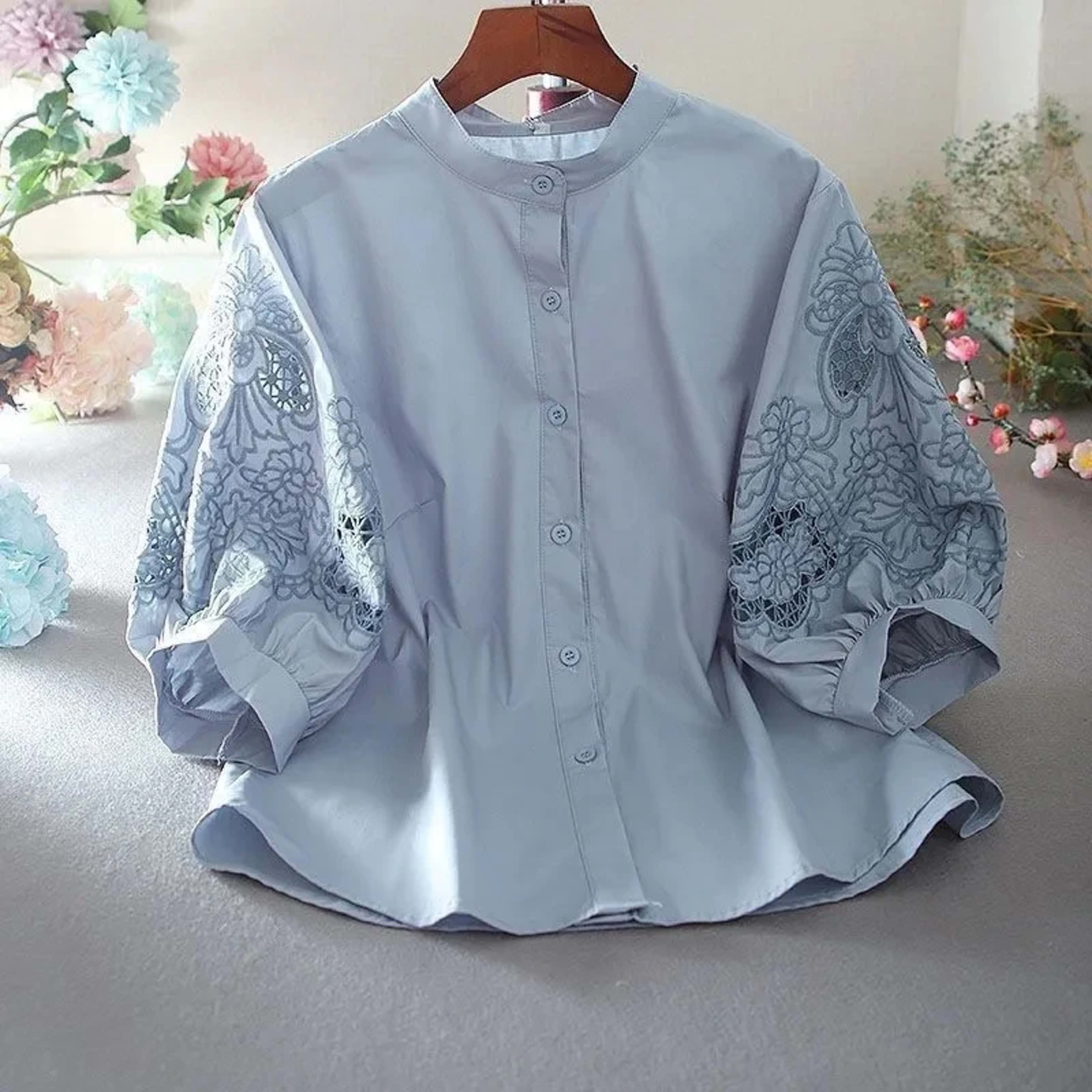 Women's Blouse 2025 Spring Summer Hollow Heavy Embroidery Ladies Tops Stand Collar Temperament Lady Loose Lantern Sleeve 7
