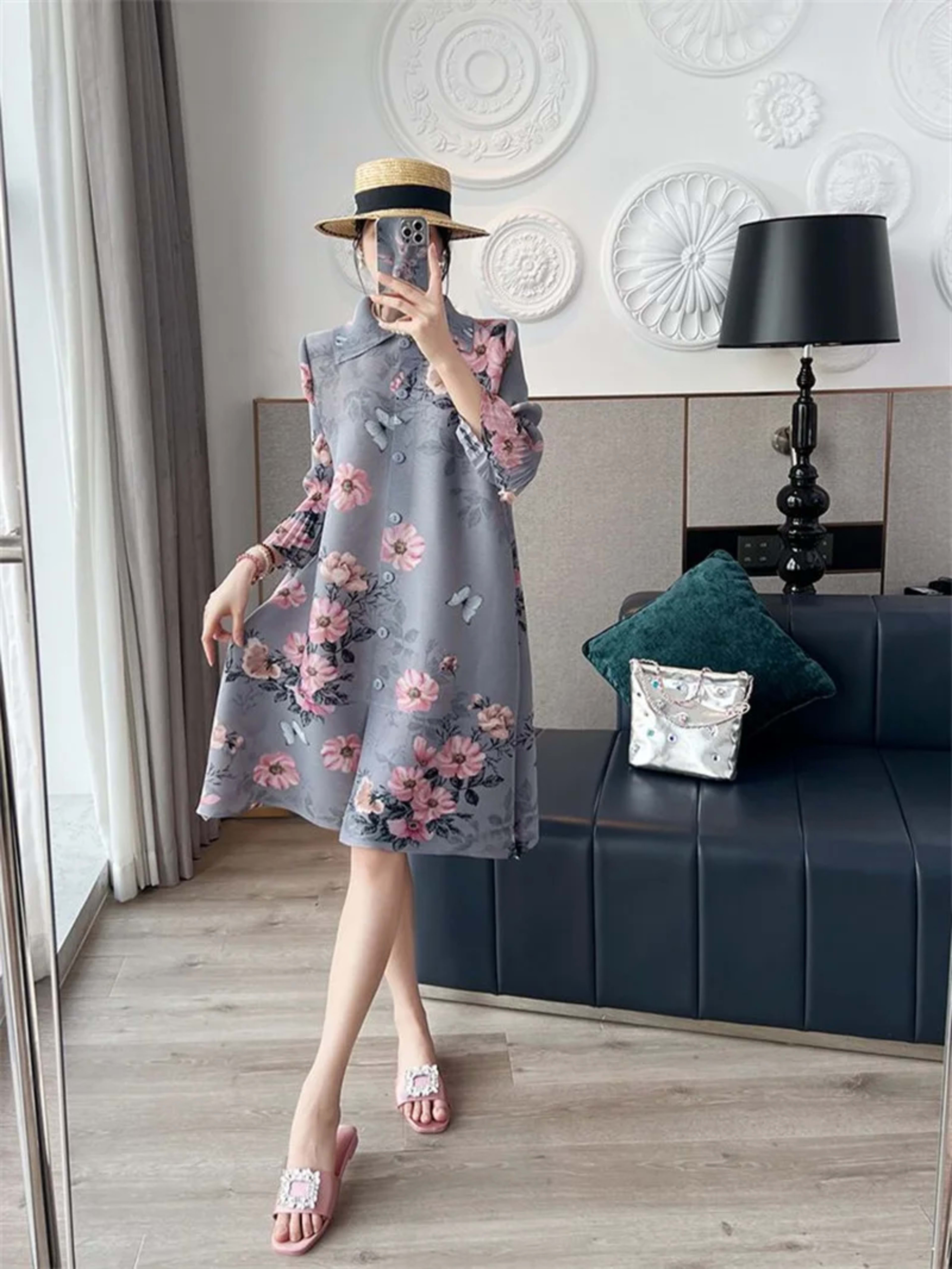 Womens Dresses Evening Dresses Fashion Holiday Style Printed Dress Spring/Summer Flower Folding Long Dress Loose Plus Si 3
