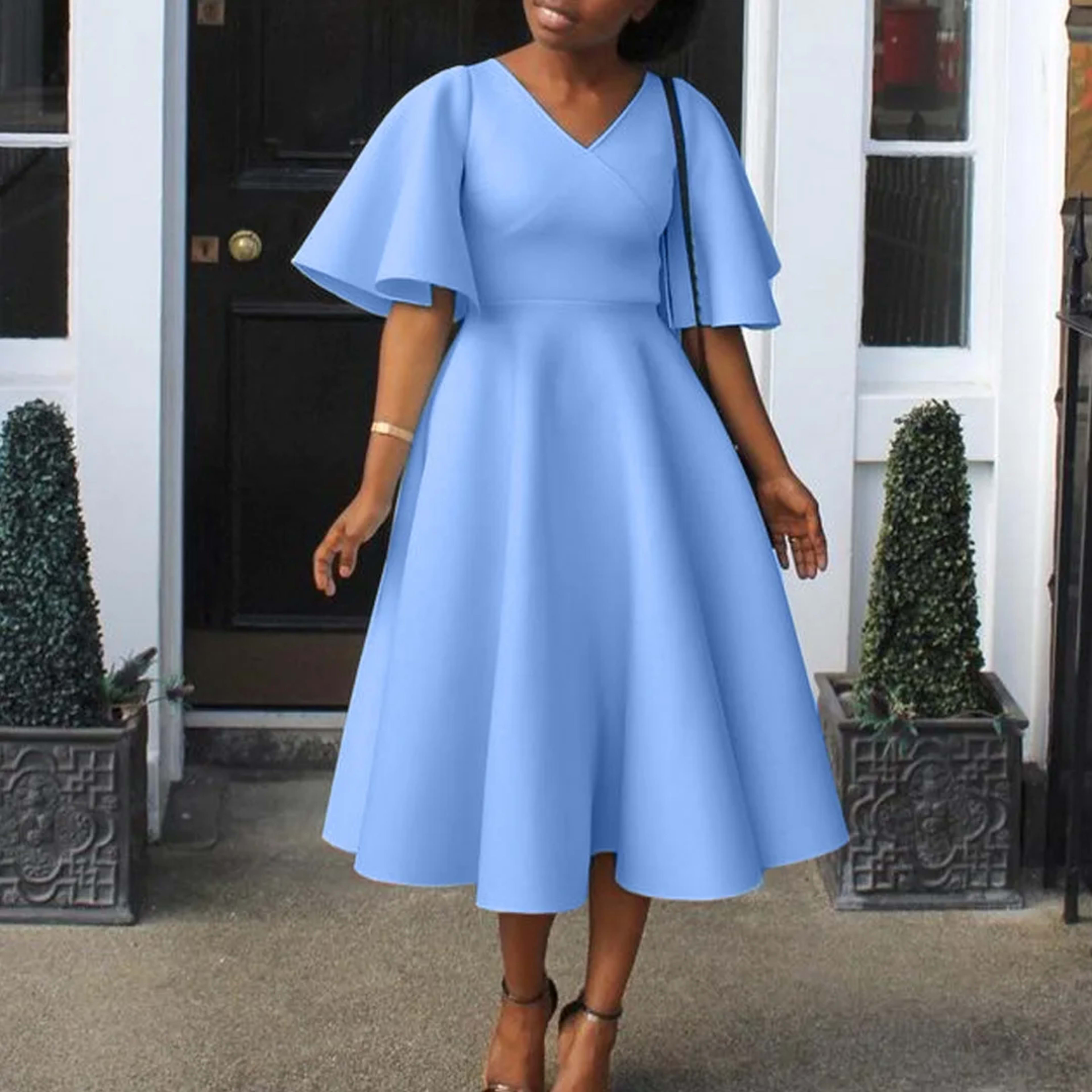 Elegant Dresses for Women V Neck Flare Sleeve High Waisted Pleated A Line Mid Calf Luxury Birthday Party Dinner Vestidos 9