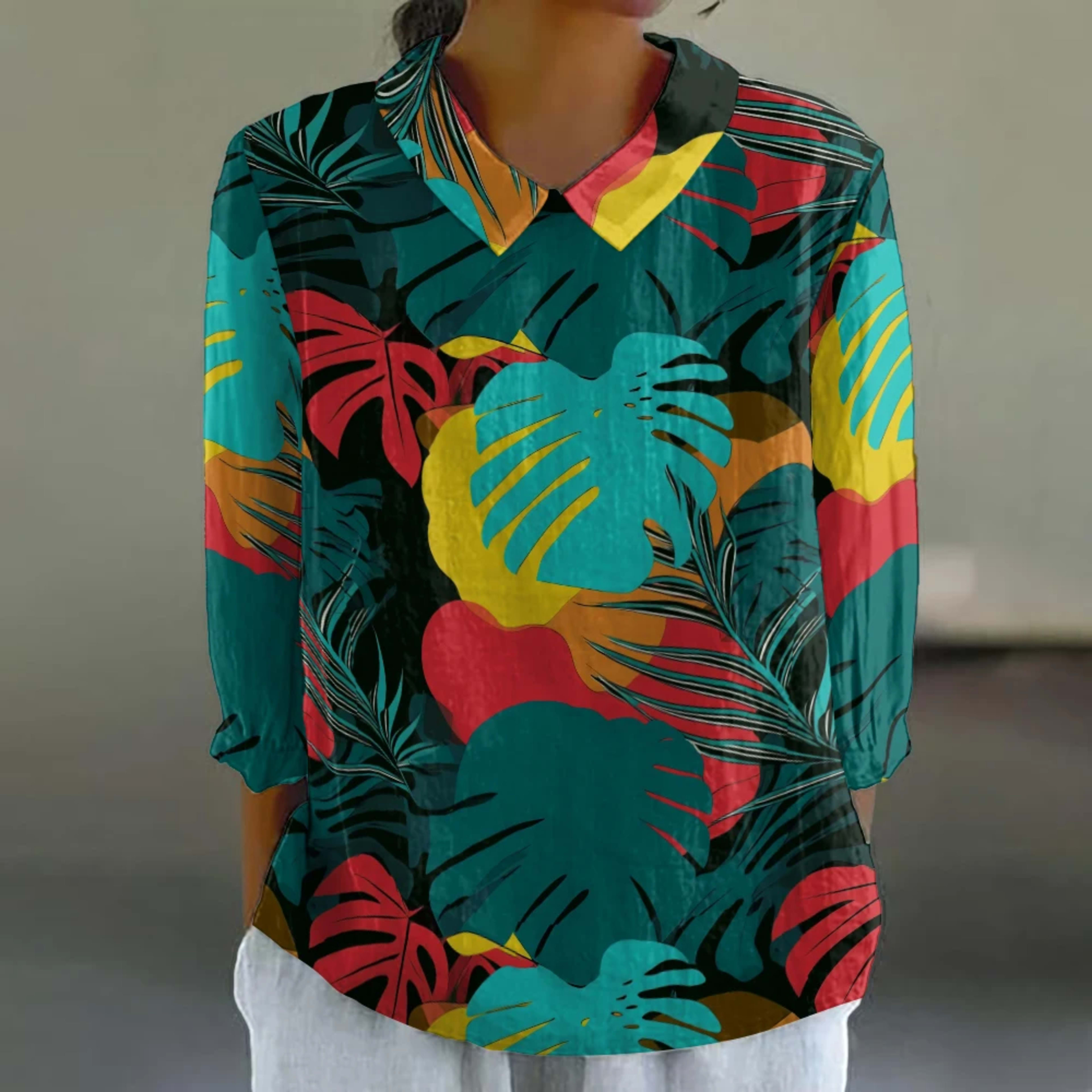 Women's Floral Shirt Cute 3/4 Sleeve Blouse Breathable Vacation Top Resort Style Button Down Tunic Summer Casual Shirt P