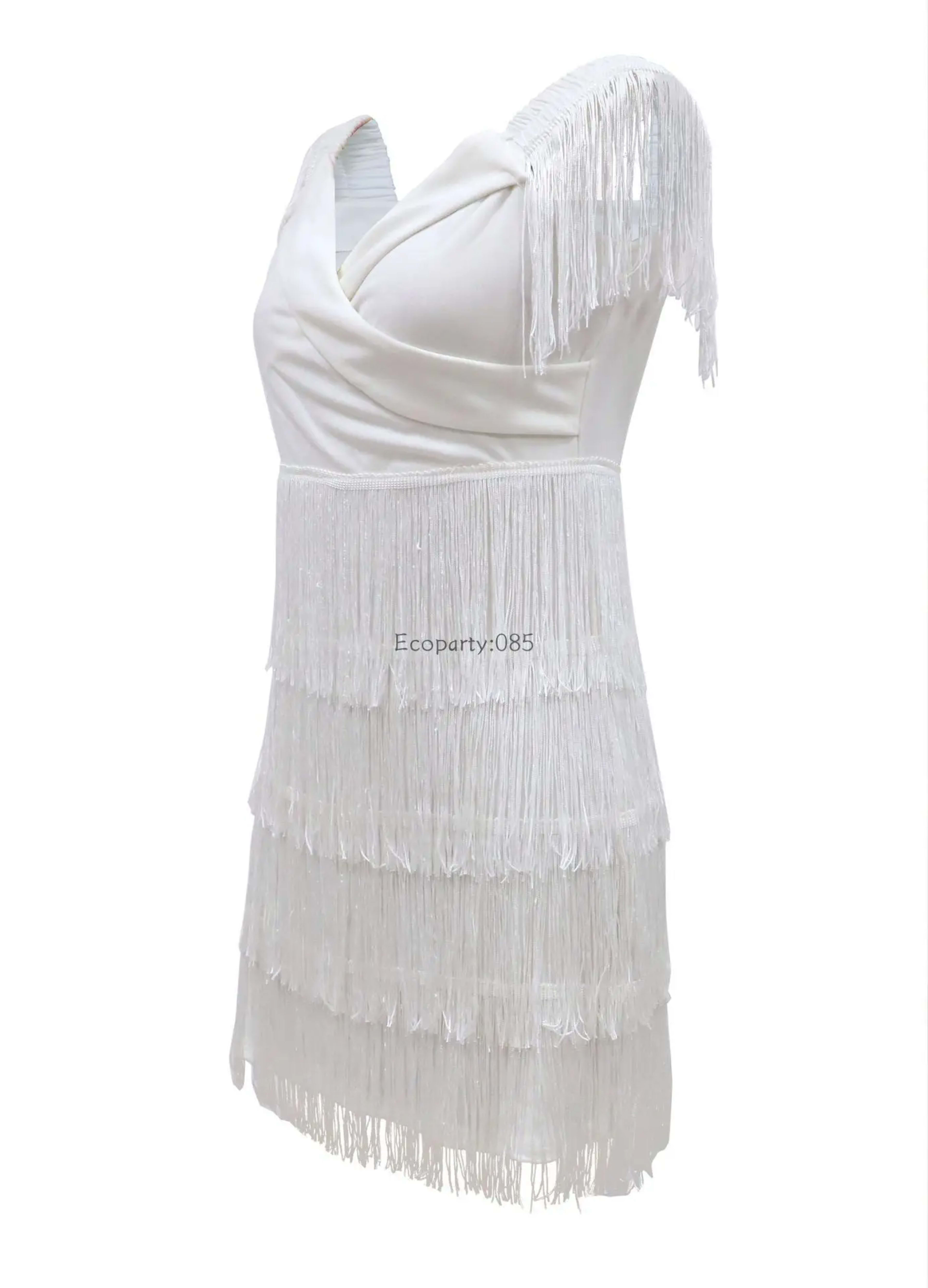 Women Evening Dresses Sexy Big V Neck One-shoulder Fringed Skirt Ladies Temperament Slim Dress Short Sleeve Club Dress V 5