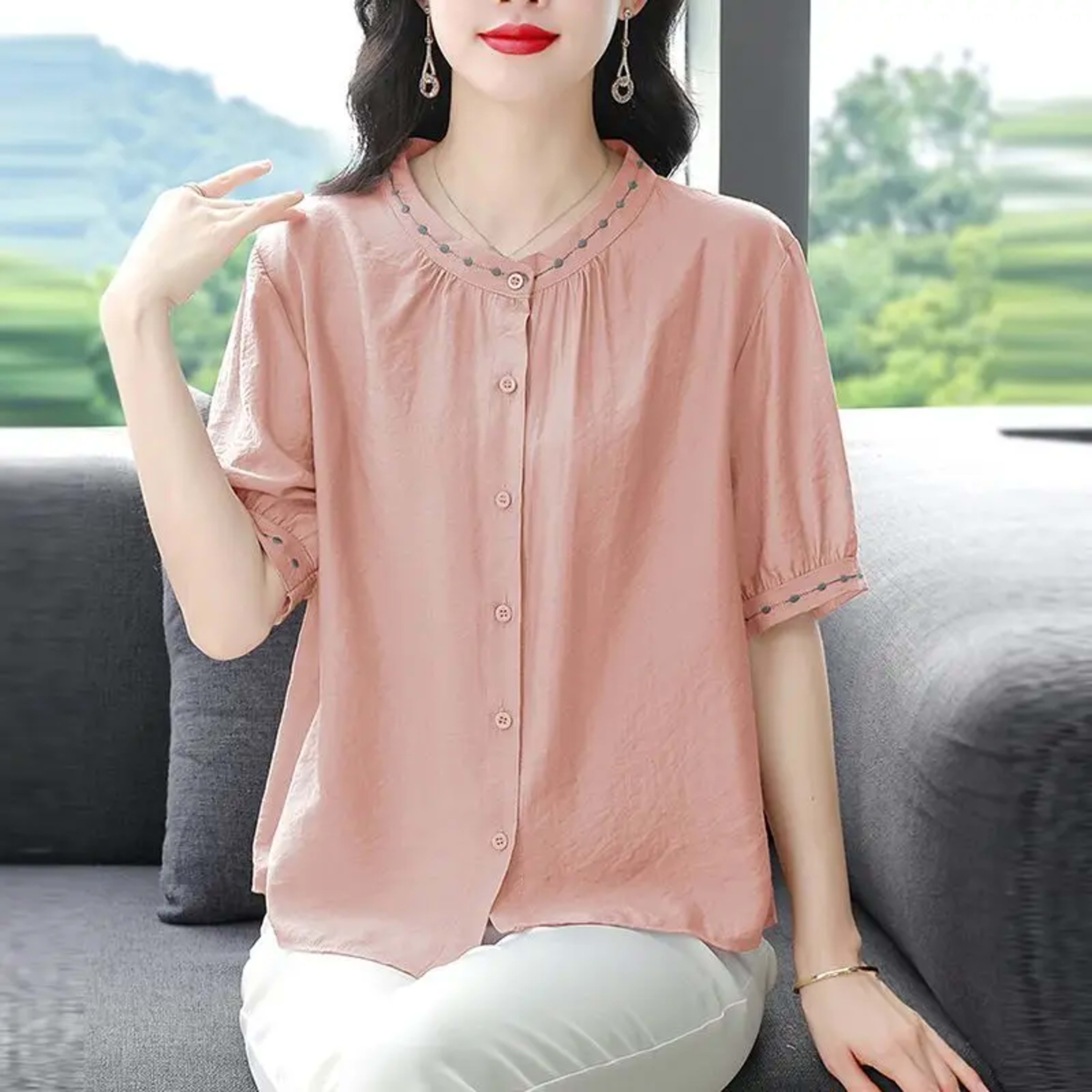 Embroidered Blouse Women Short Sleeve Summer Loose Slimming Top 2