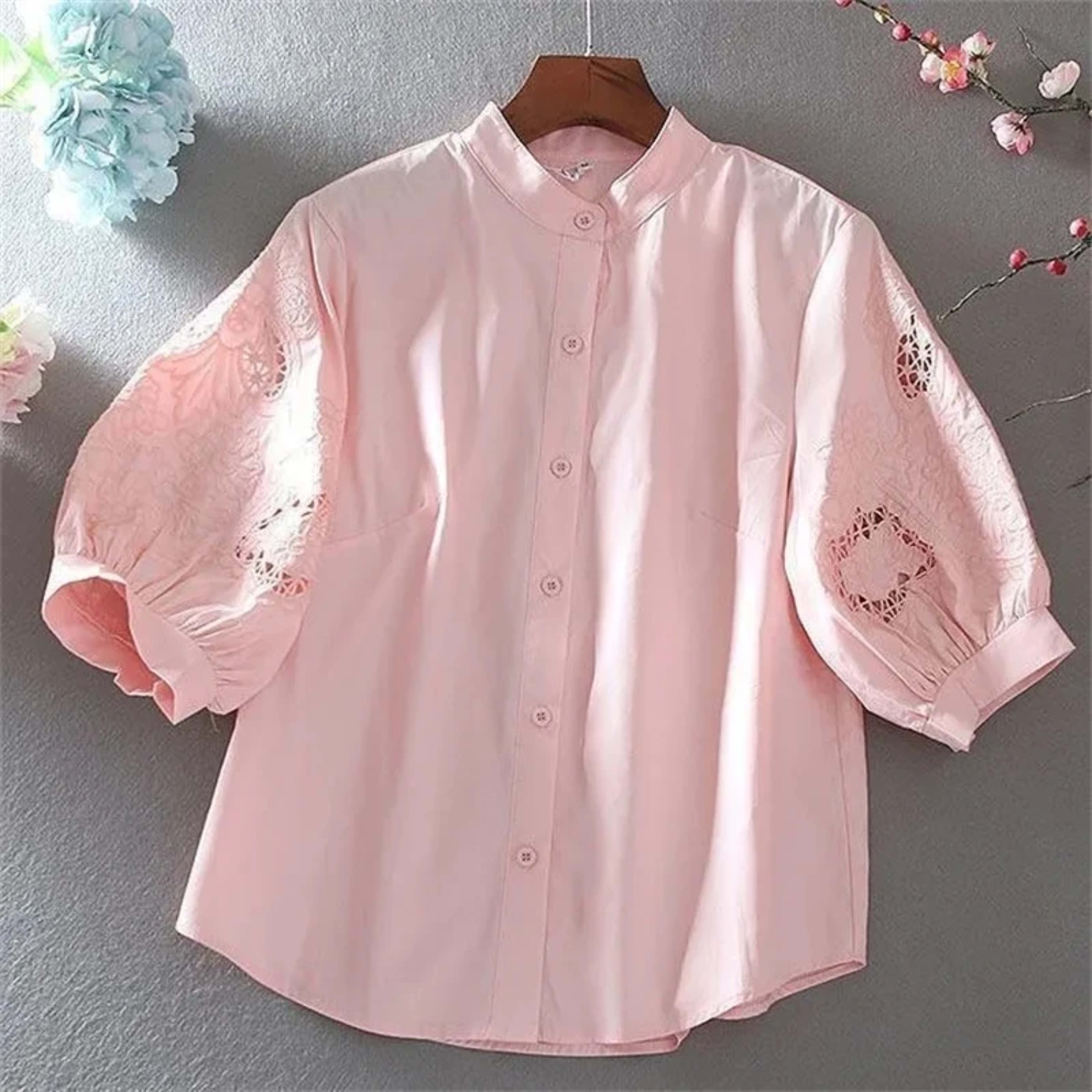 Women's Blouse 2025 Spring Summer Hollow Heavy Embroidery Ladies Tops Stand Collar Temperament Lady Loose Lantern Sleeve