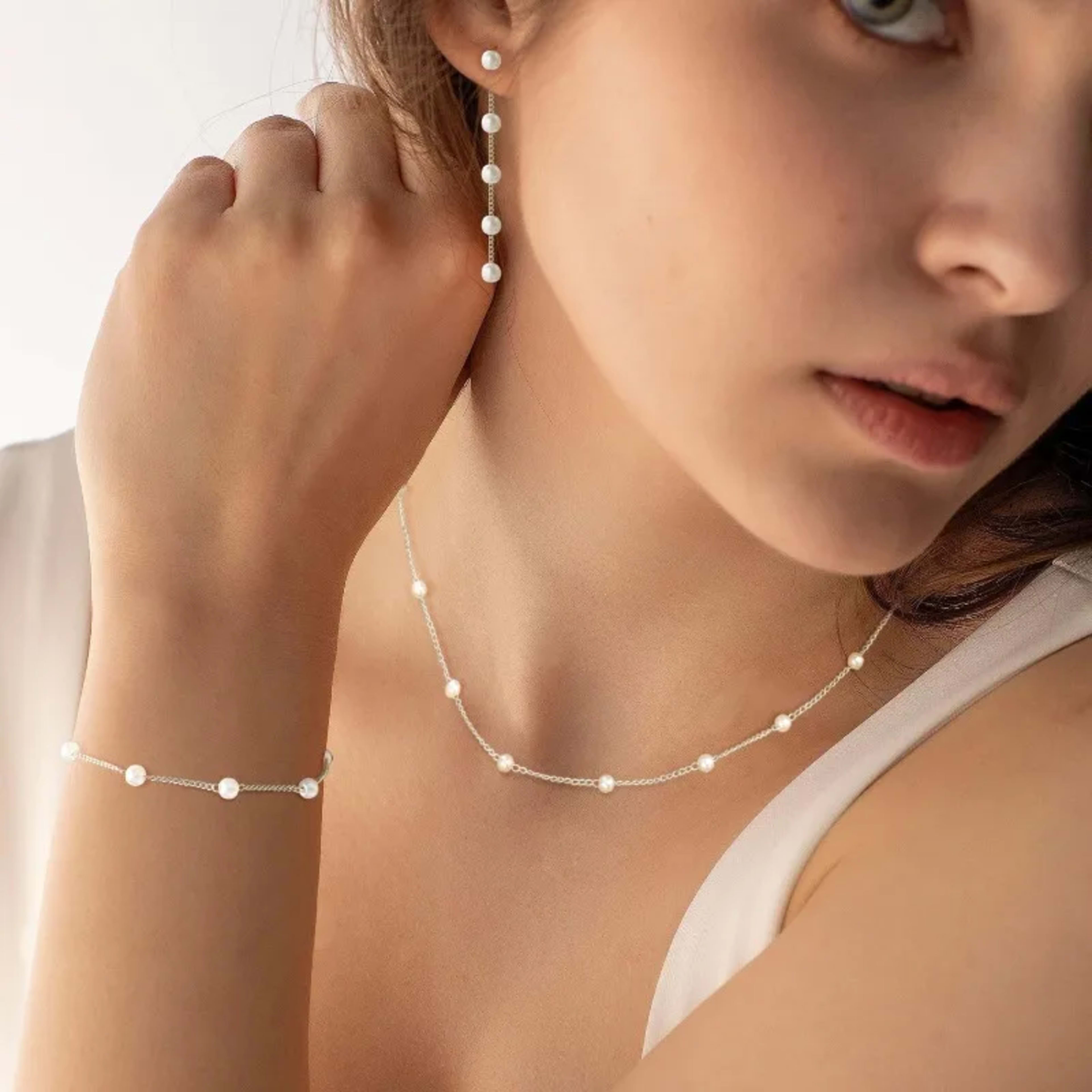 Gold Jewelry Set for Women, Dainty 14K Gold/Silver Plated Pearl Necklace and Earring Set with Drop Earrings Bracelets Ne 4