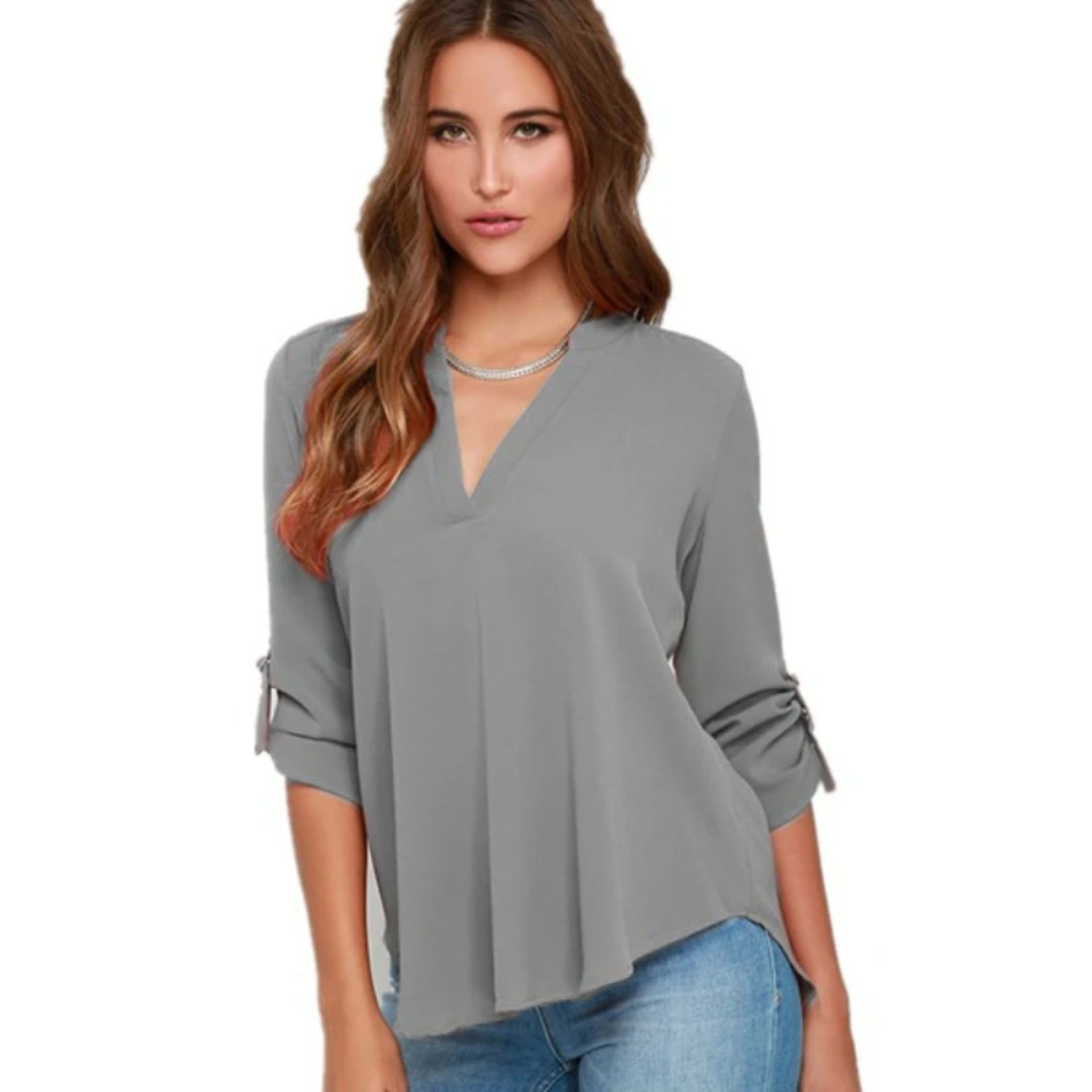 Women Tops Blouses Long Sleeve  V-Neck Chiffon Blouse office work Shirt 1