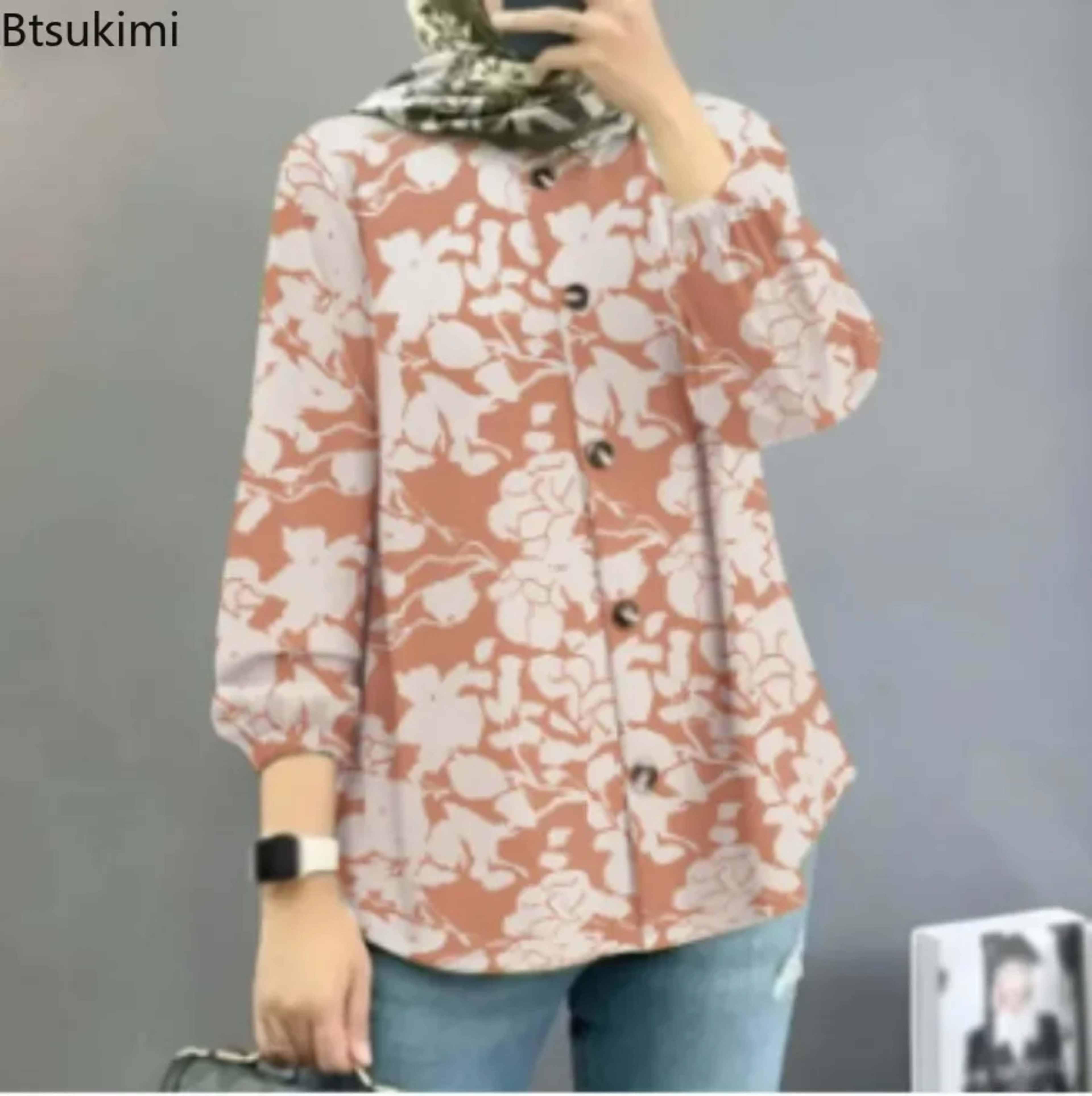 2026 Women Bohemian Blouse Vintage Floral Print Long Sleeve Lace-up Shirt Tops Casual Fashion Muslim Abaya Holiday Blusa 3
