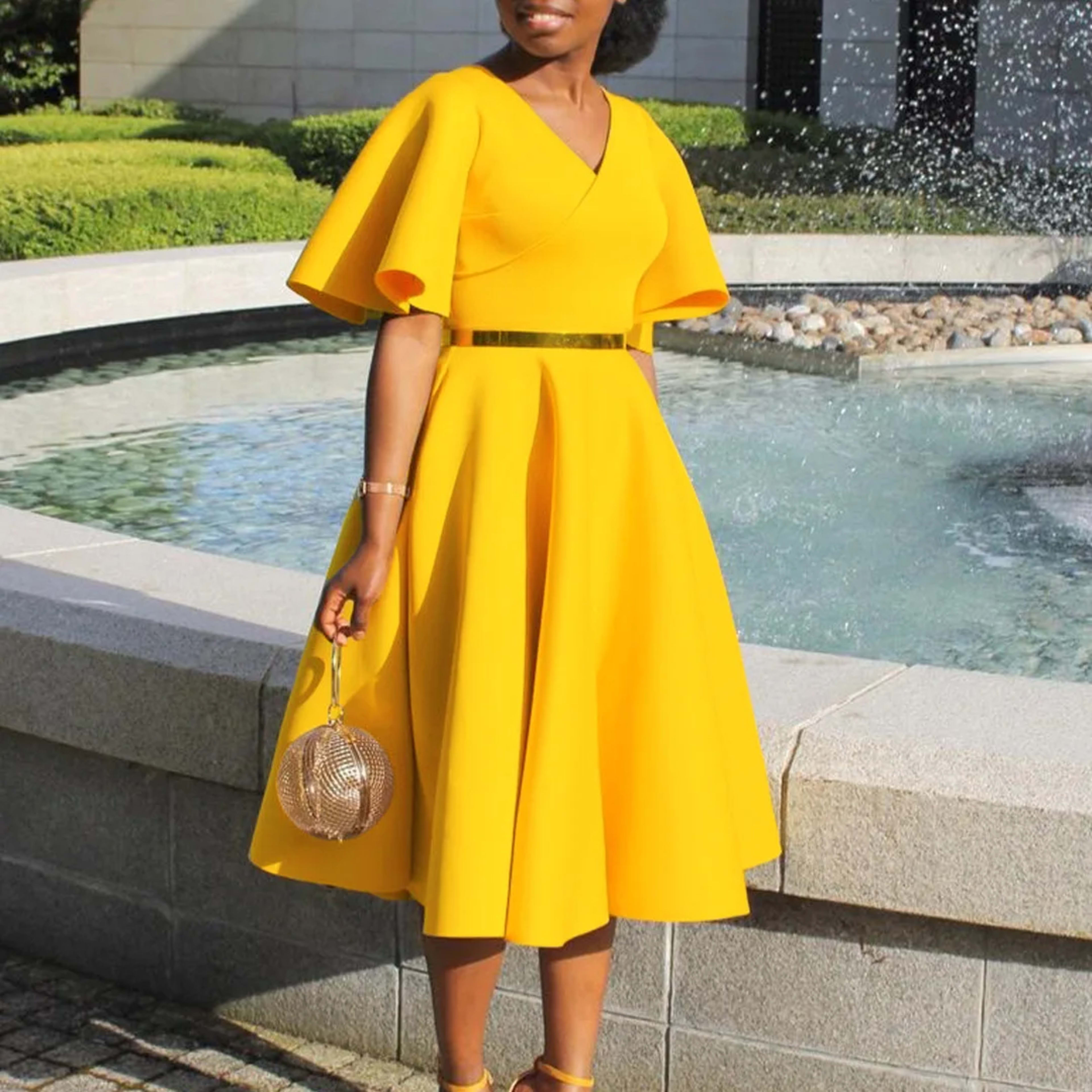 Elegant Dresses for Women V Neck Flare Sleeve High Waisted Pleated A Line Mid Calf Luxury Birthday Party Dinner Vestidos 1