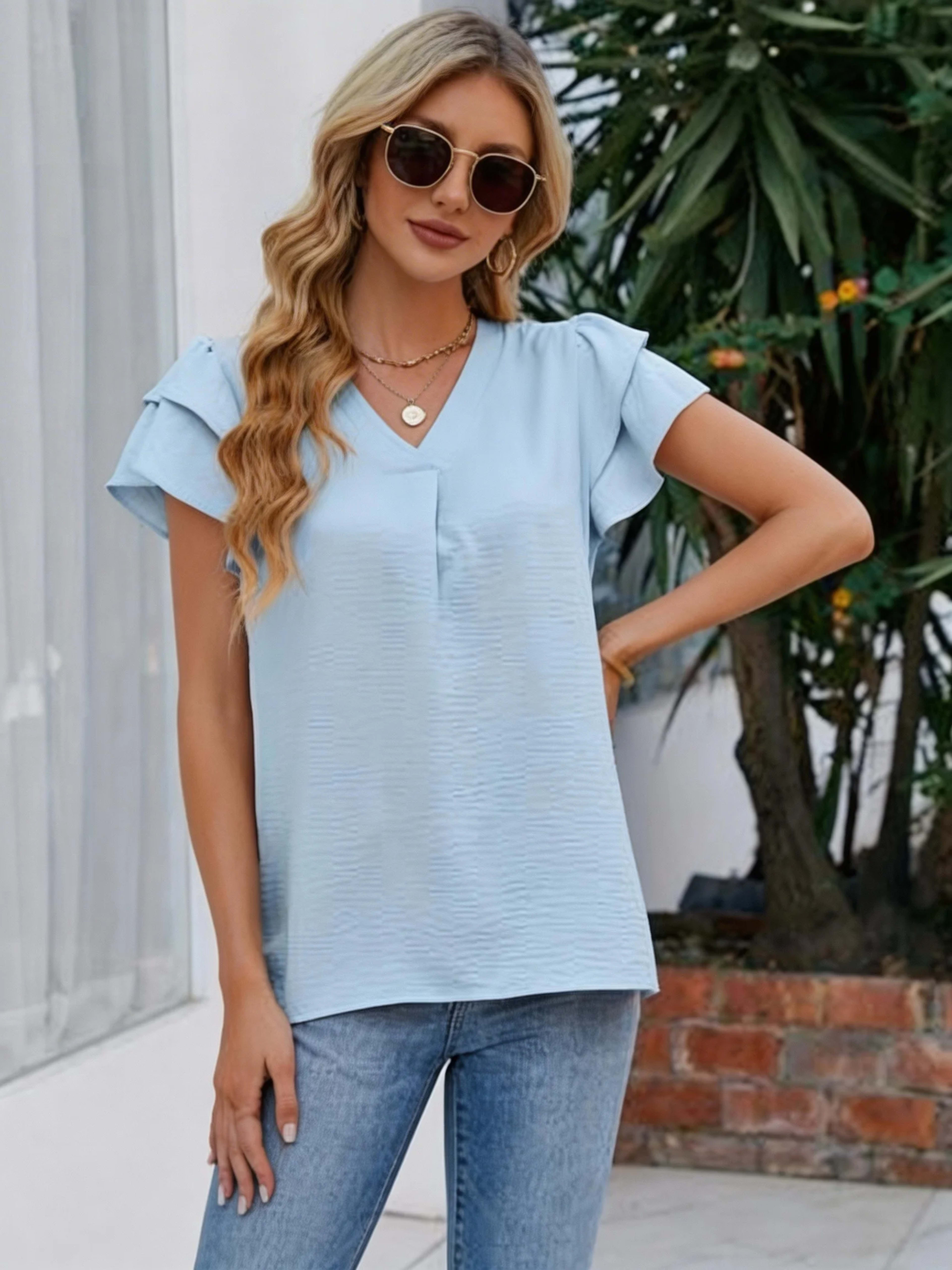 Women's Casual Blouse - V-Neck Ruffle Sleeve Top with Soft Wrinkled Fabric for Daily Wear 7