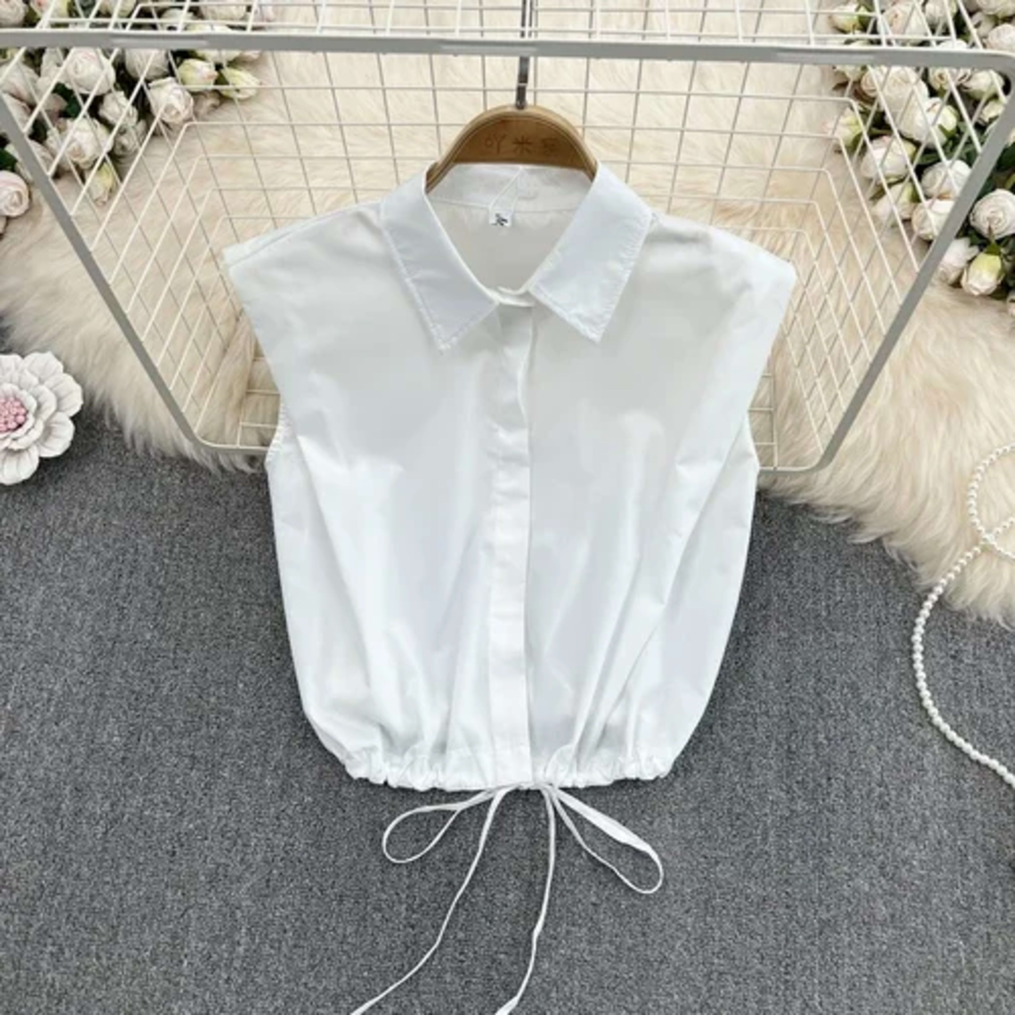 Women Blouse Tops Turn-down Collar Solid Color Sleeveless Draw String Blusas Femininas Vintage Summer Camisas Almighty D 9