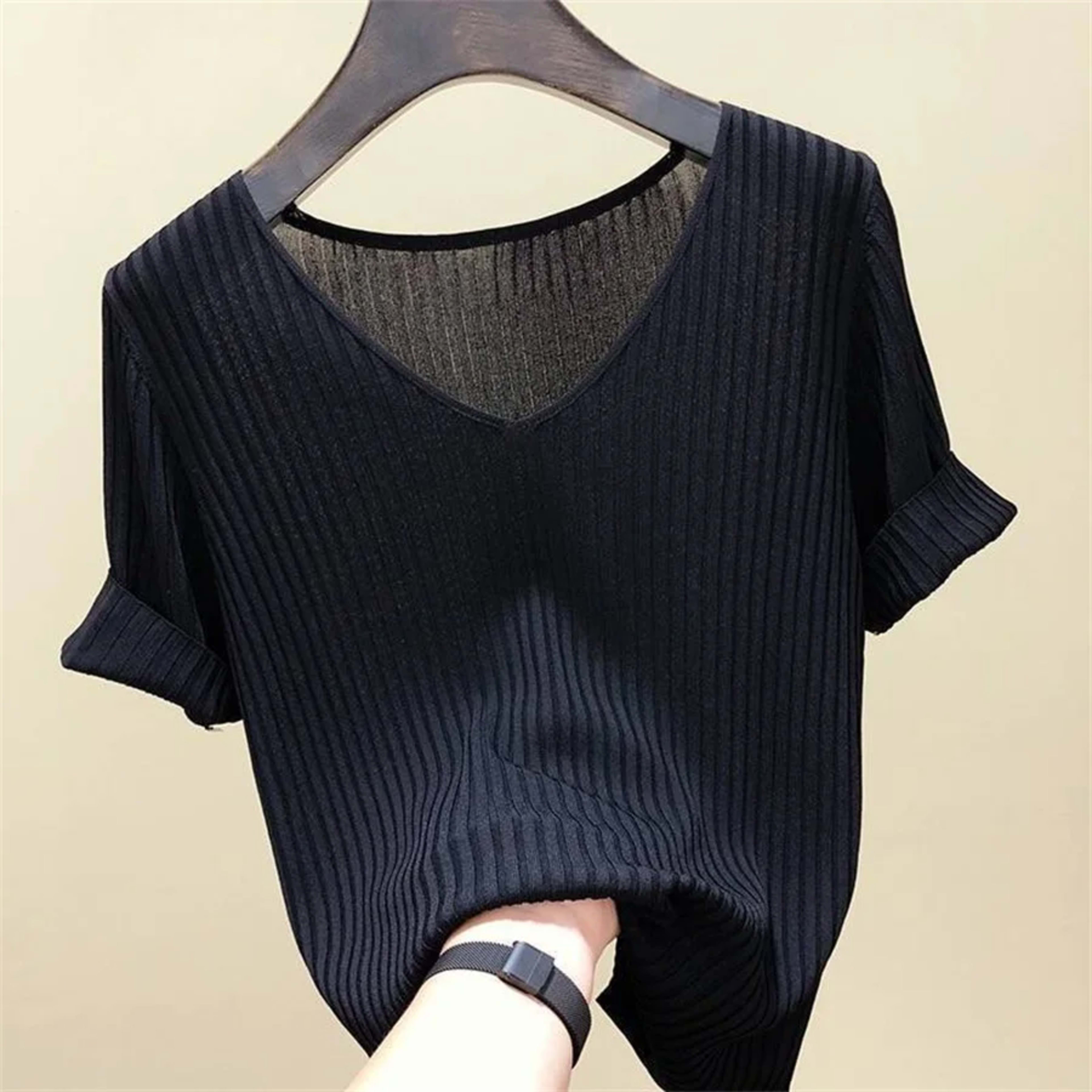 Blouse Women Blusas Mujer De Moda Verano Short Sleeve Blouse V-Neck Knitted Blouse Shirt Tops Women Blusas DF4907 9