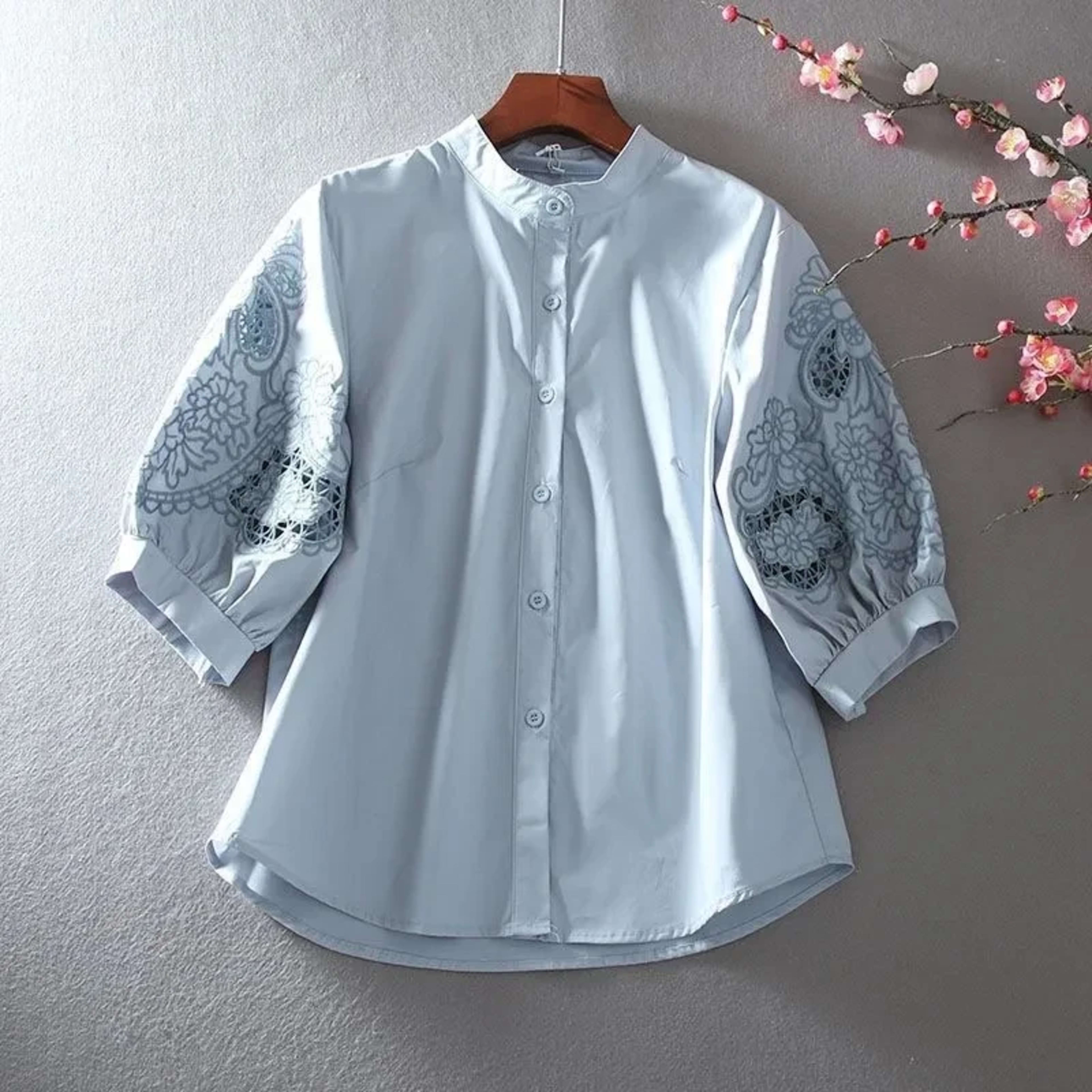 Women's Blouse 2025 Spring Summer Hollow Heavy Embroidery Ladies Tops Stand Collar Temperament Lady Loose Lantern Sleeve 4
