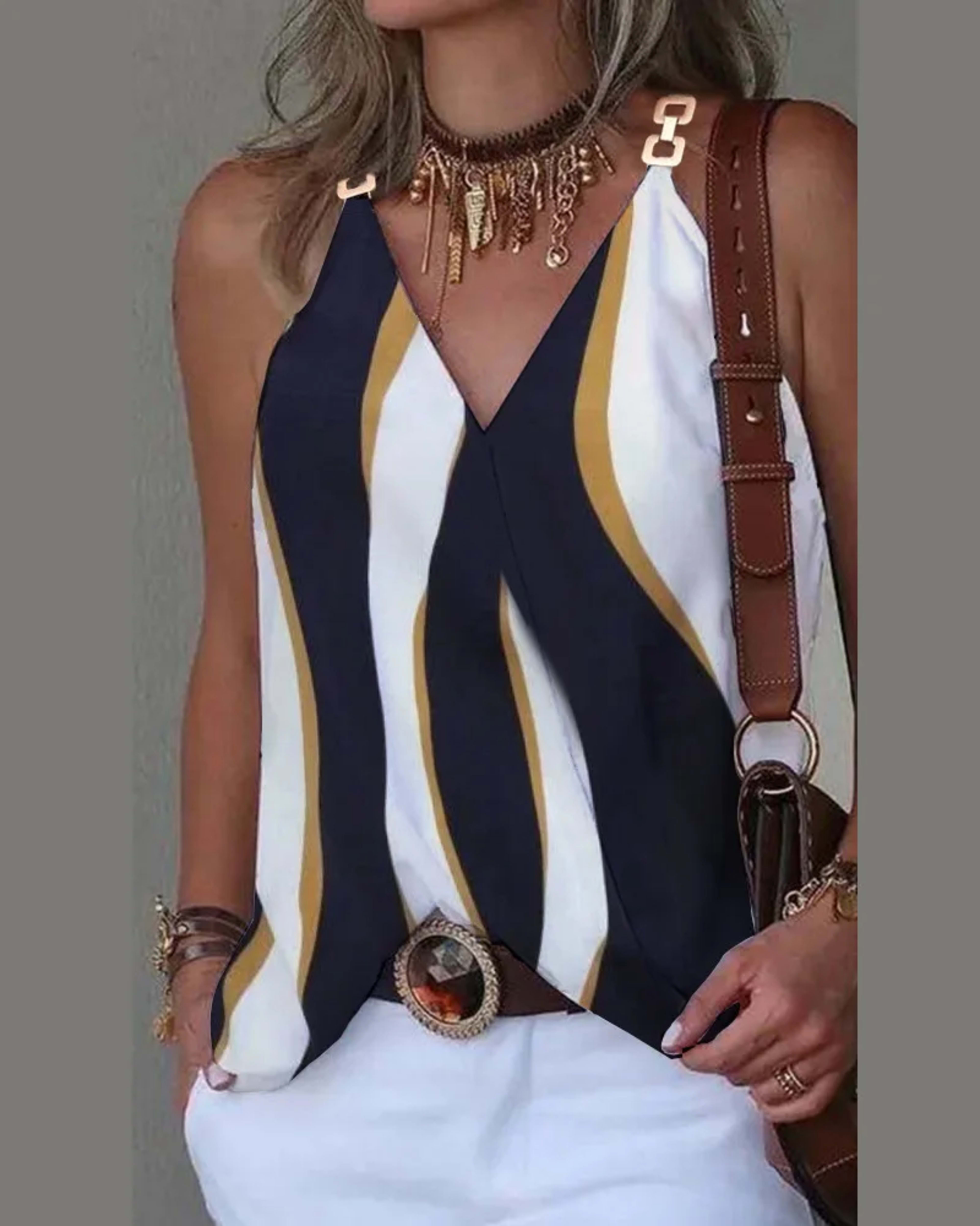 Women's Blouse White Shirts & Blouses Print Sleeveless Tops Loose V Neck Pulovers Summer Youthful Woman Clothes 2024 New 5
