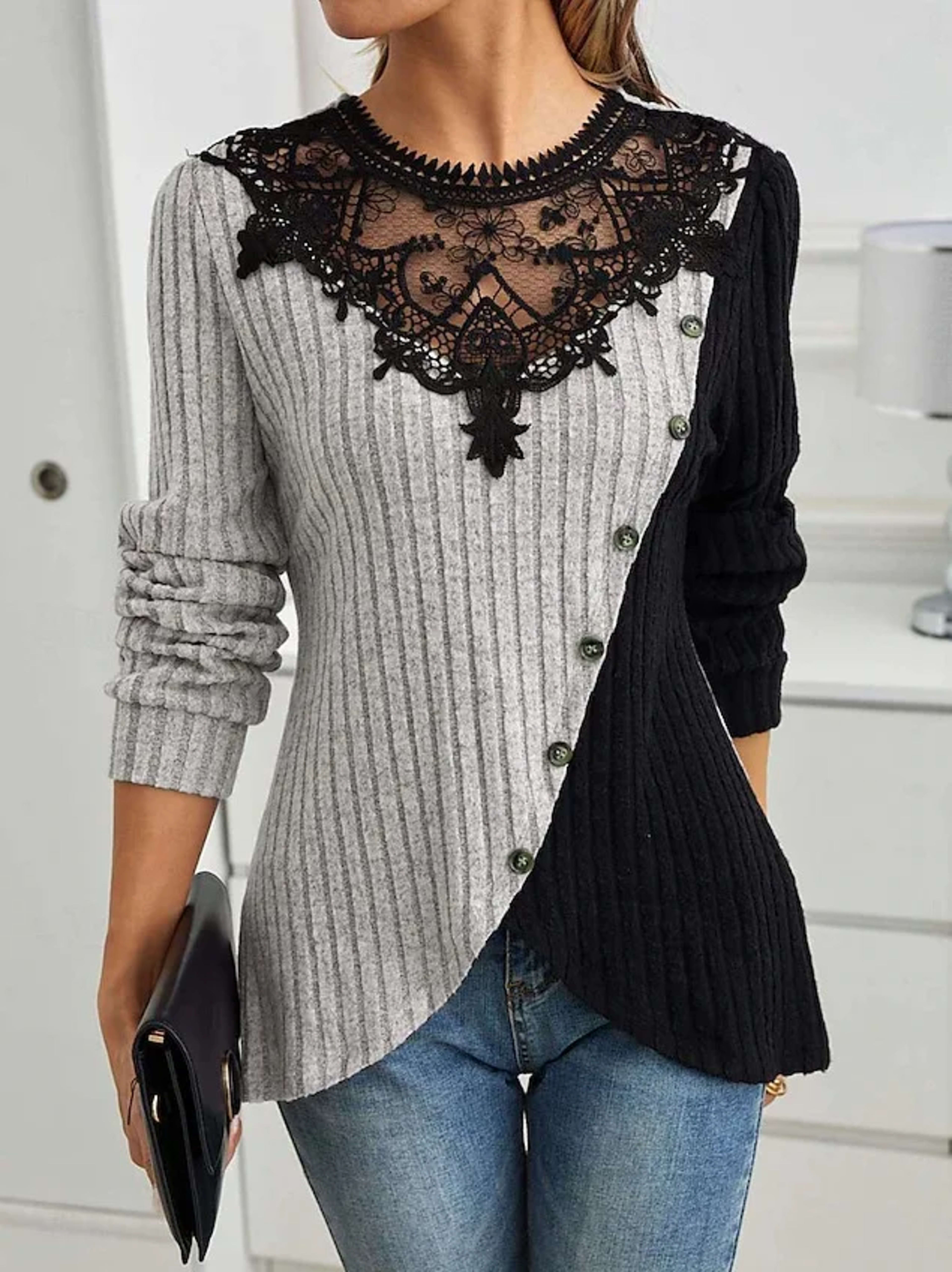 Women's Blouse Solid Color Elegant Stylish Basic Long Sleeve Crew Neck Regular Tops Daily Lace Patchwork Spring Fall Win 8