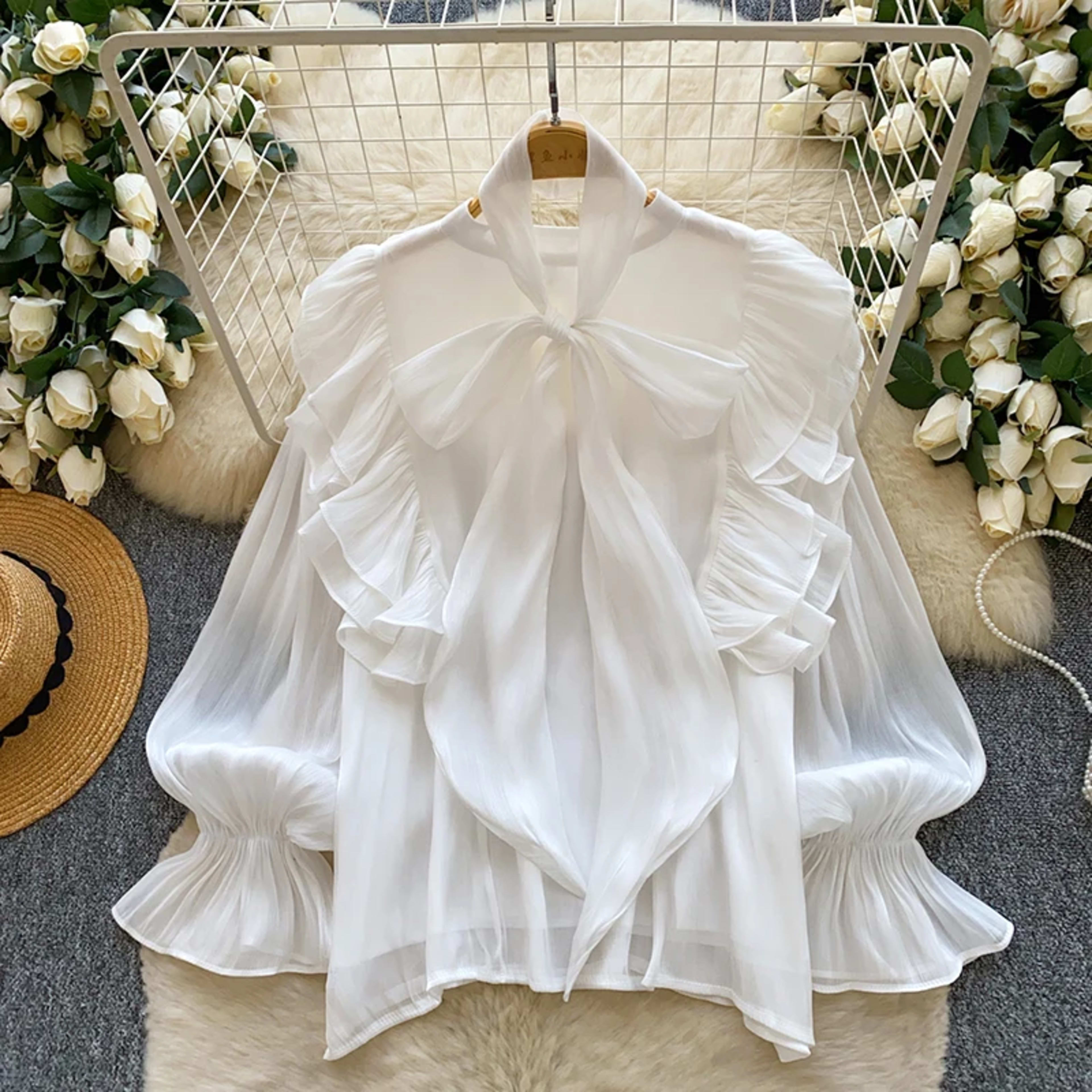 Women Blouse Elegant Bow-detailed Chiffon Blouse Ruffle Hem Featuring Lightweight Layering Piece Spring Summer Blusa Top 12