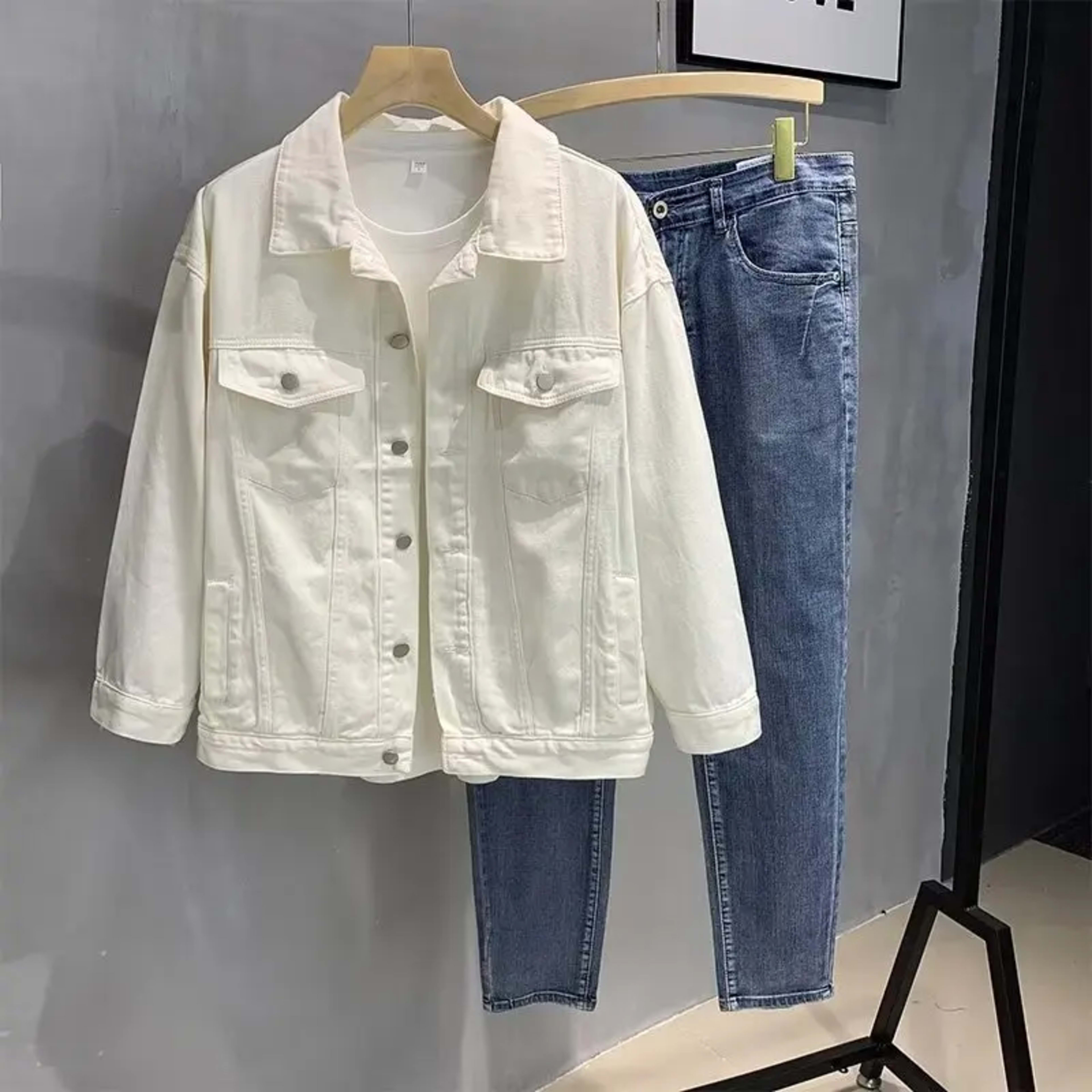 Stylish Pure White Denim Jacket for Men Retro Workwear Spring Autumn Versatile Fashionable Trendy Brand Youthful Long Sl 1