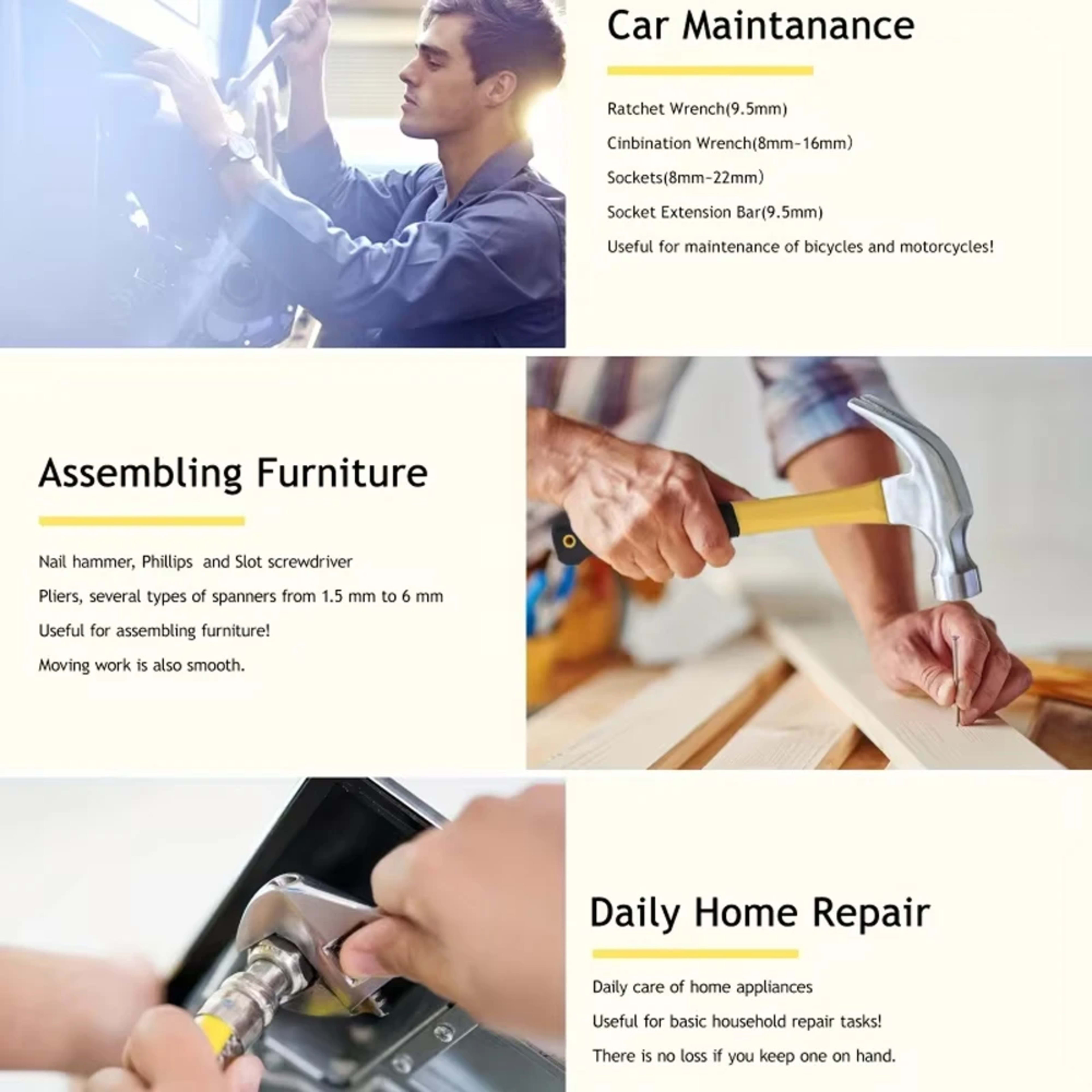 108 Pcs Home Tool Kit DIY Household Repair Maintenance AC Mount Tool Set Wrench Pliers Screwdrivers Hammer Etc 6