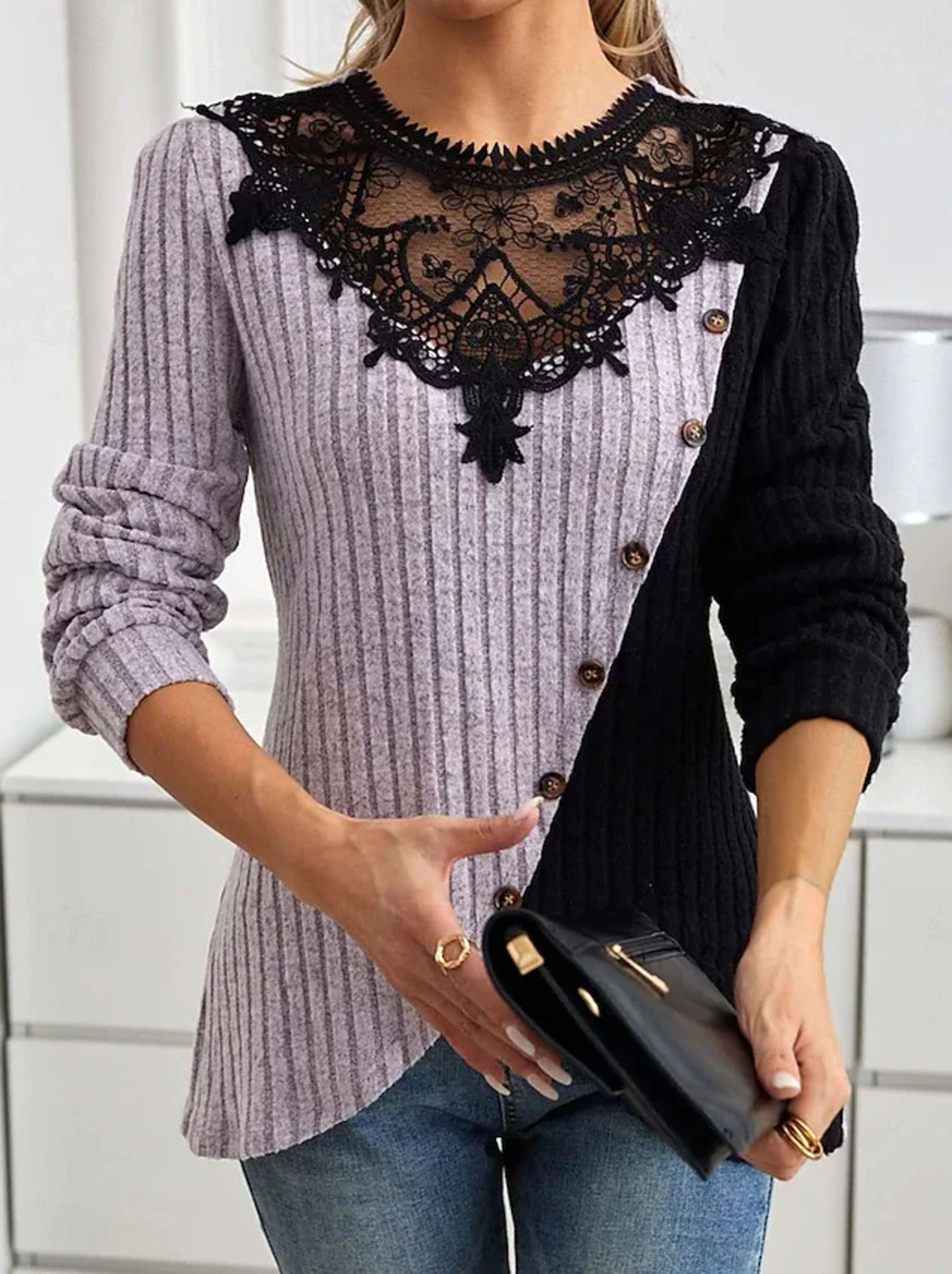 Women's Blouse Solid Color Elegant Stylish Basic Long Sleeve Crew Neck Regular Tops Daily Lace Patchwork Spring Fall Win