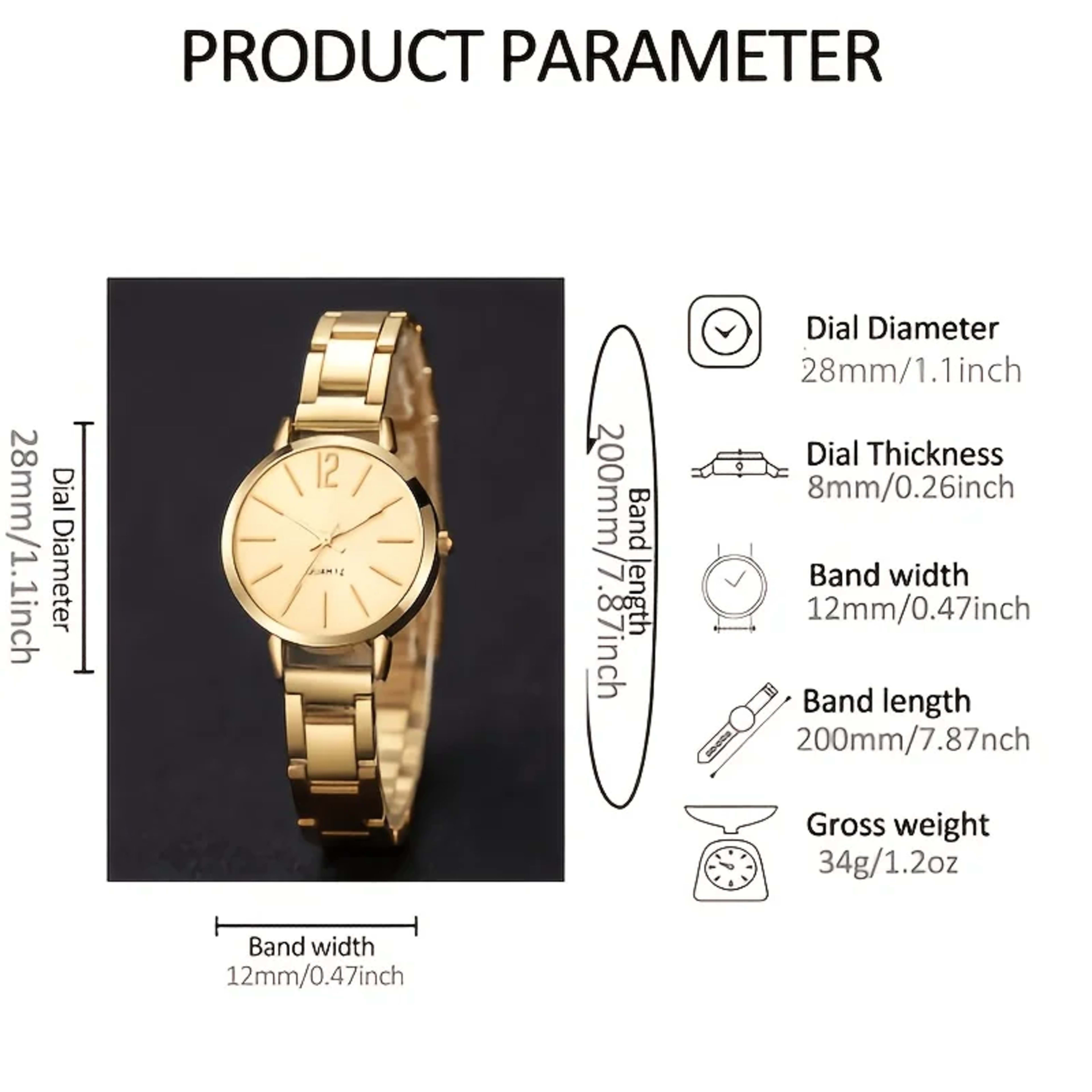 Women's Elegant Jewelry Set: Gold Quartz Watch + Bangle + Ring + Drop Pendant Necklace + Earrings, 6Pcs Set 3