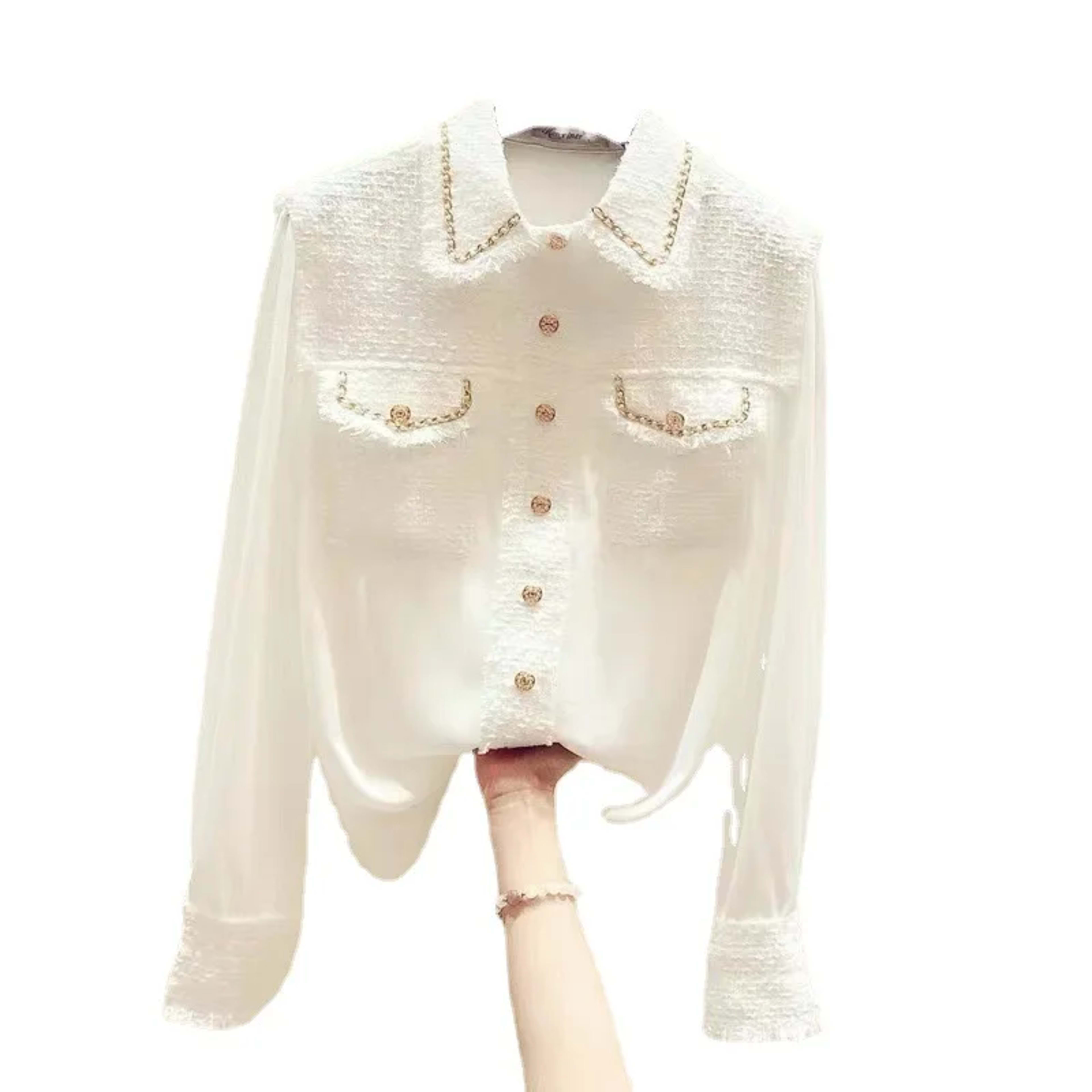Women's Blouse 2025 Spring Summer New Tweed Patchwork Laple Long Sleeve Shirts Elegant Fashion Slim Tops Office Lady 5