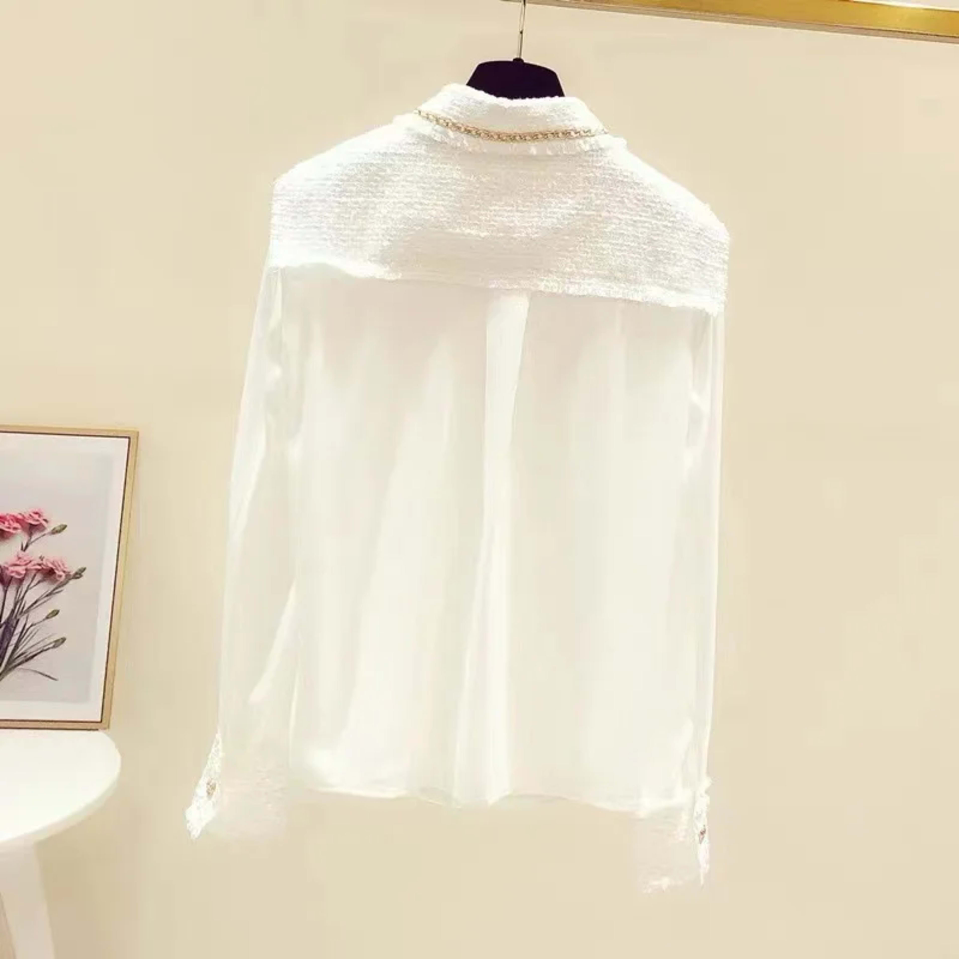 Women's Blouse 2025 Spring Summer New Tweed Patchwork Laple Long Sleeve Shirts Elegant Fashion Slim Tops Office Lady 2