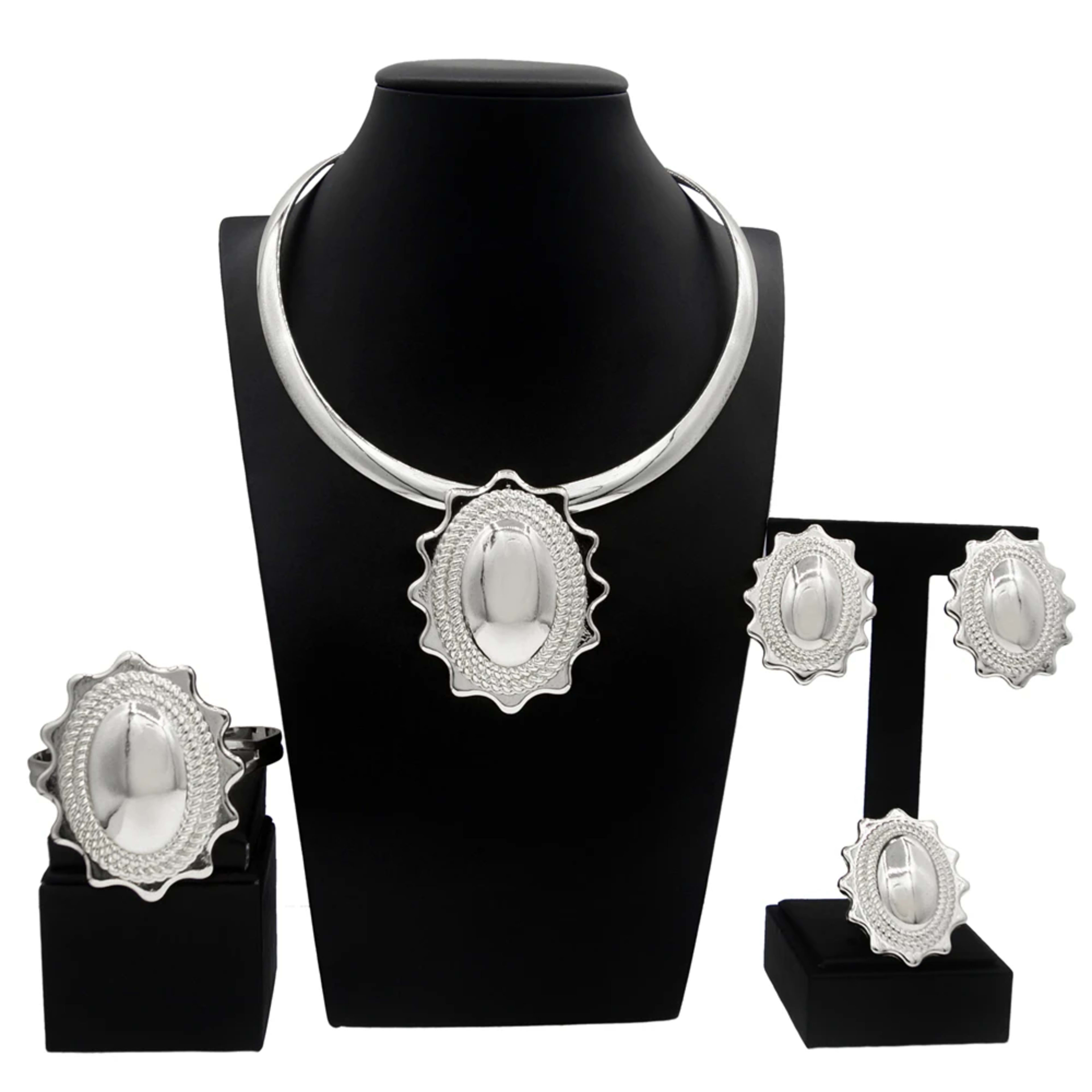 Jewelry Sets For Women Pendant Necklace Gold Plated Silver Simple Fashion Design Big Earring Bracelet Ring Sets Exquisit 3