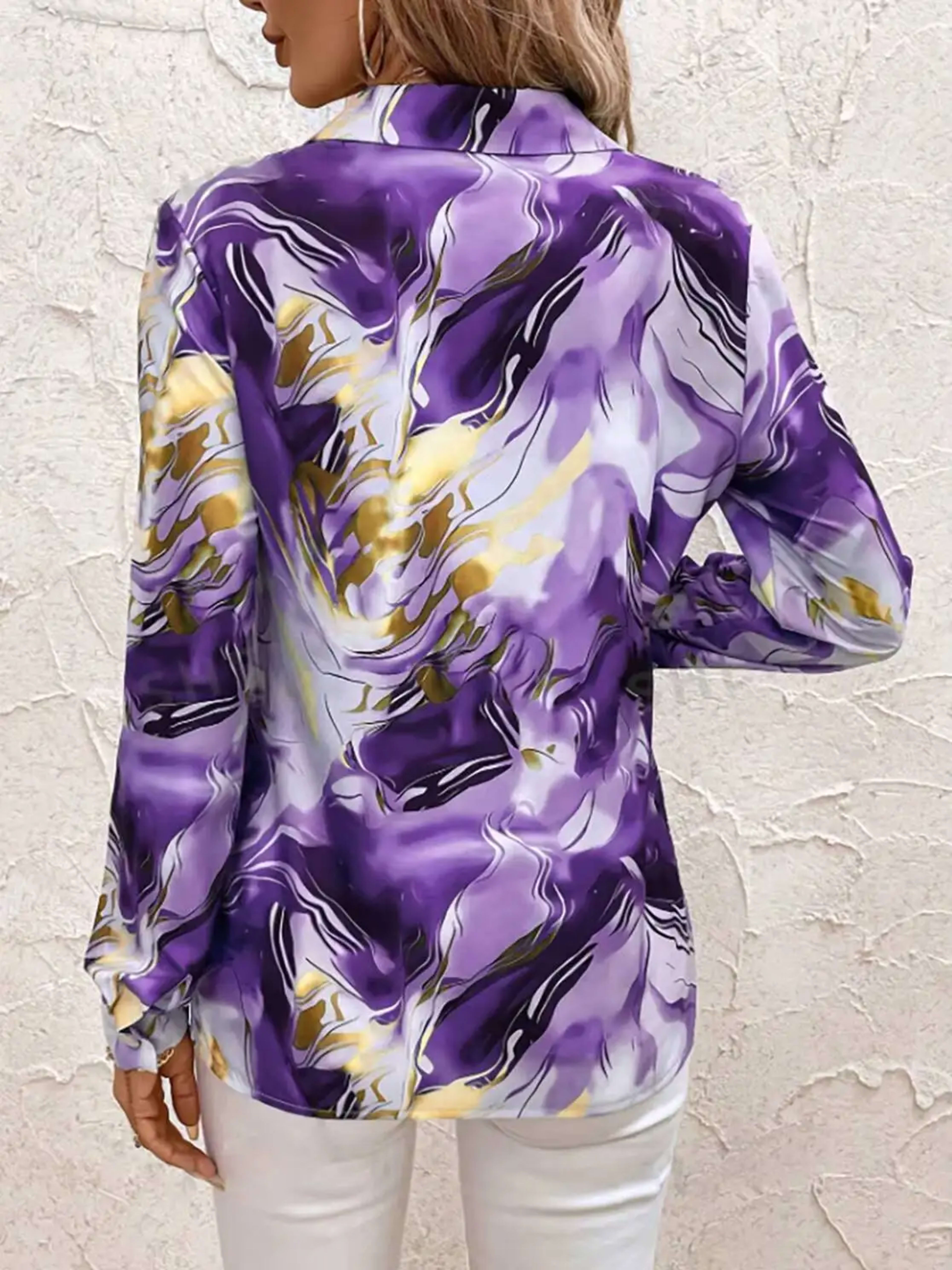 Women's Blouse Spring Summer Purple Gold Marble Print Collar Front Button Long Sleeve Satin Luxury Elegant Daily Office  2