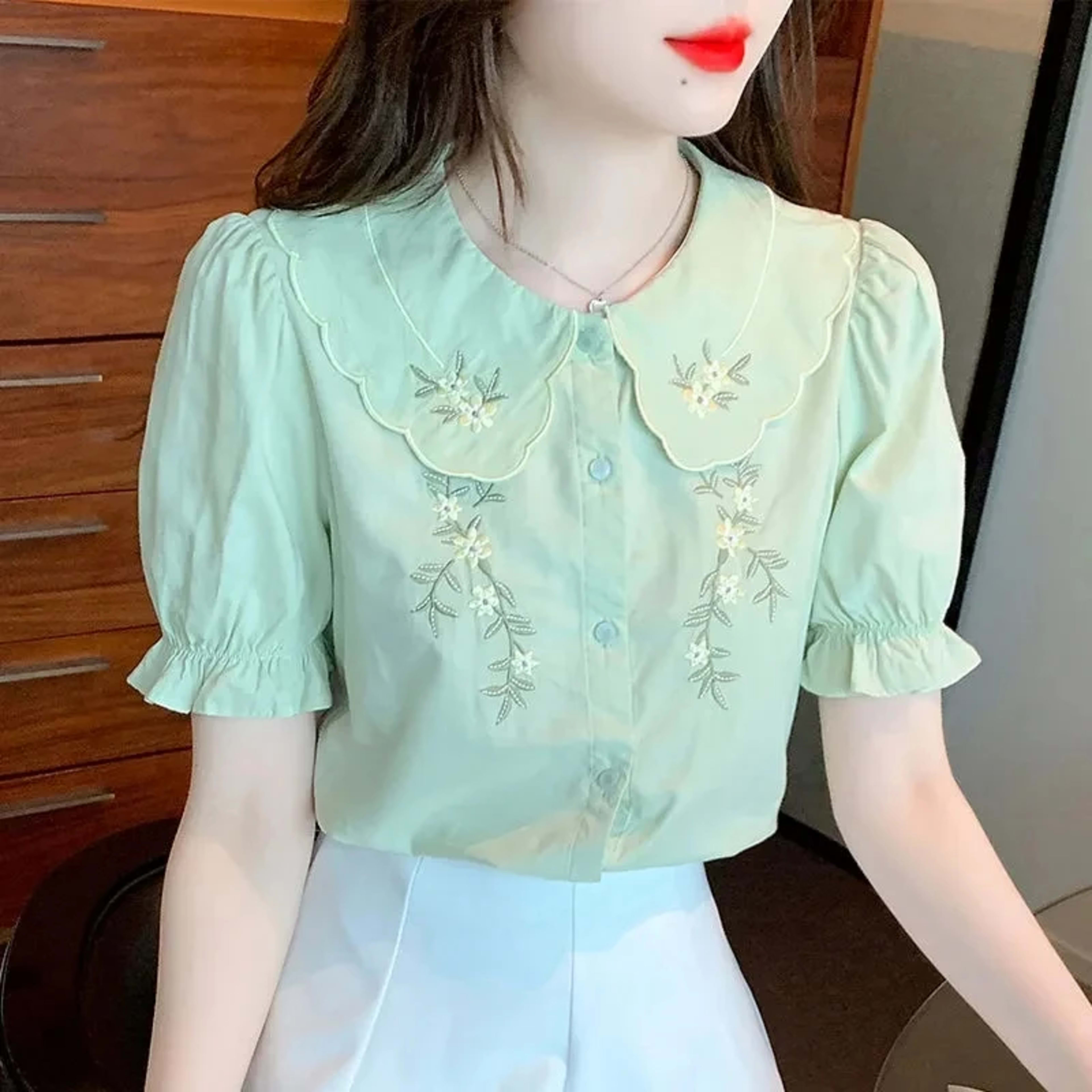 Women's Blouse 2025 Spring Summer Embroidery Short Sleeve Ladies Shirt Comfortable Solid Color Versatile Temperament Lad 2