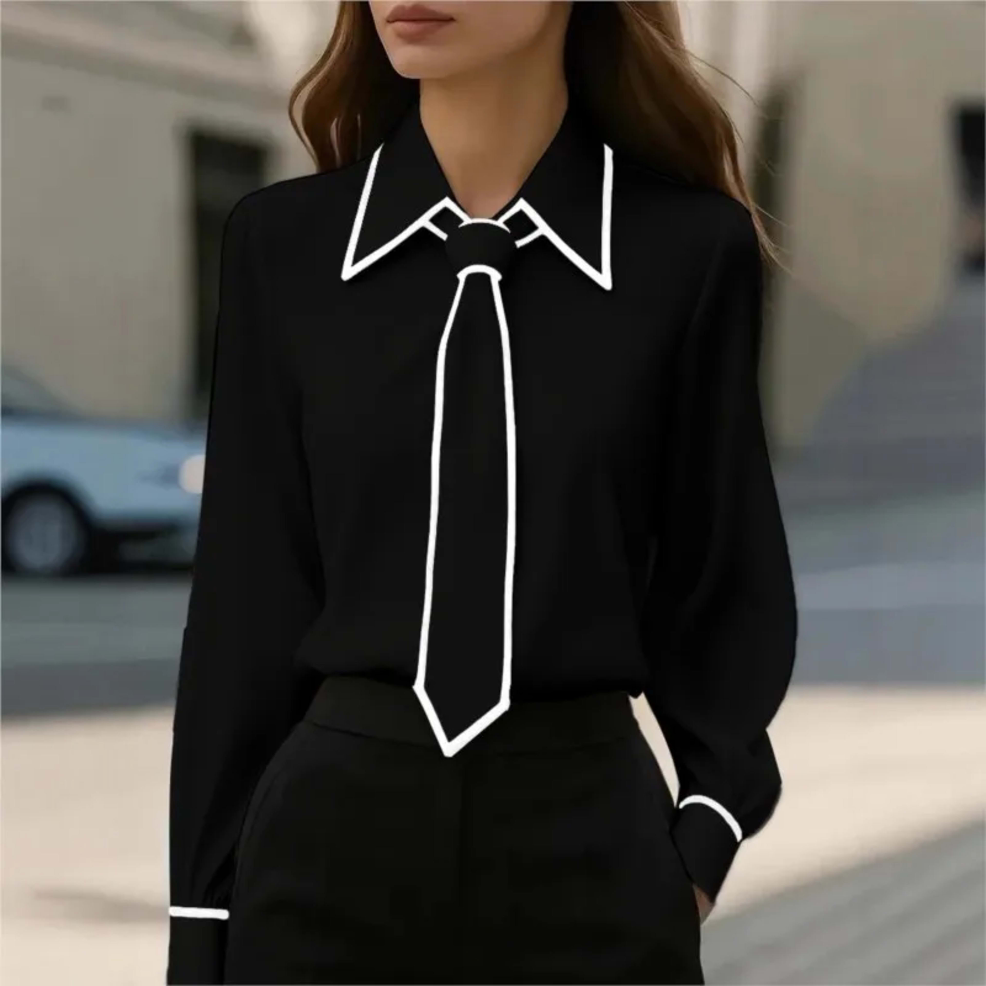 Women's Blouse Fashion Shirt Formal Bow Tie Long-sleeve Contrasting Trim Tops Slim-fit Workwear Elegant Office Lady Shir 4