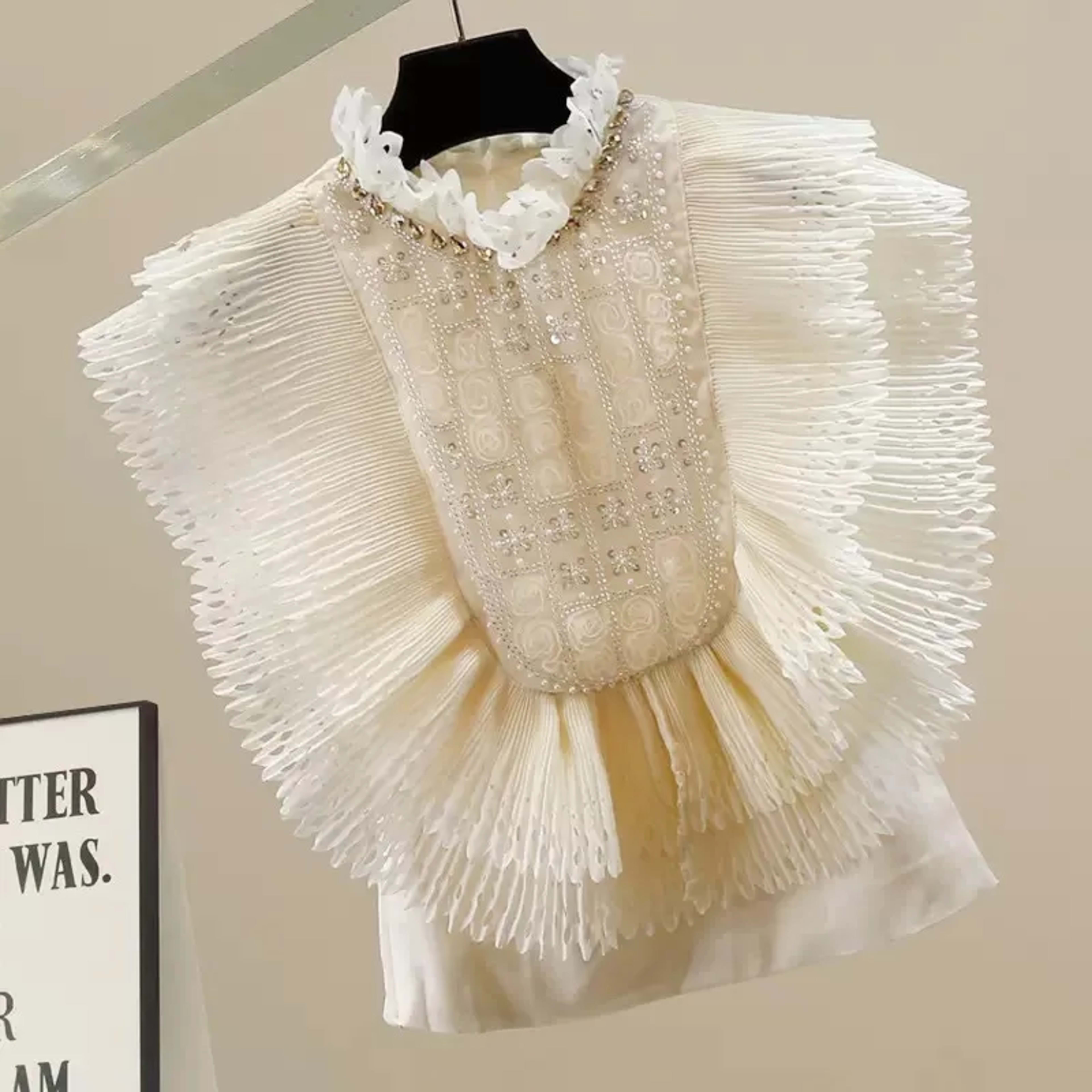 Top Blouse Women Sleeveless Ruffled Pleating Patchwork Stand Collar Blouses Beading Female Tops Summer Shirt Office Lady 5