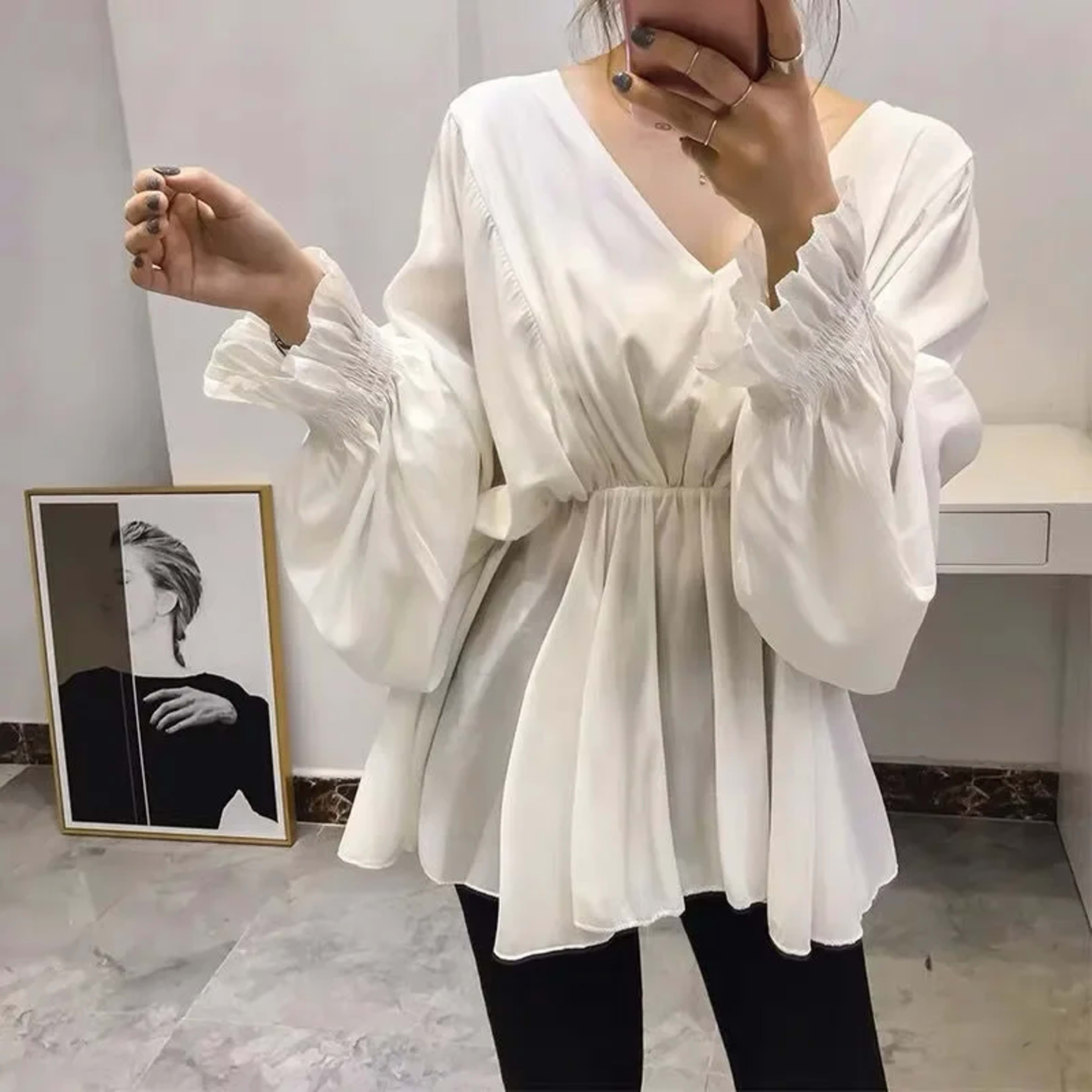 Blouse For Women Oversized Tops Long Sleeve V-neck Chiffon Slim Waist Shirts 2025 Blusas Mujer De Moda Folds Chic Summer 1