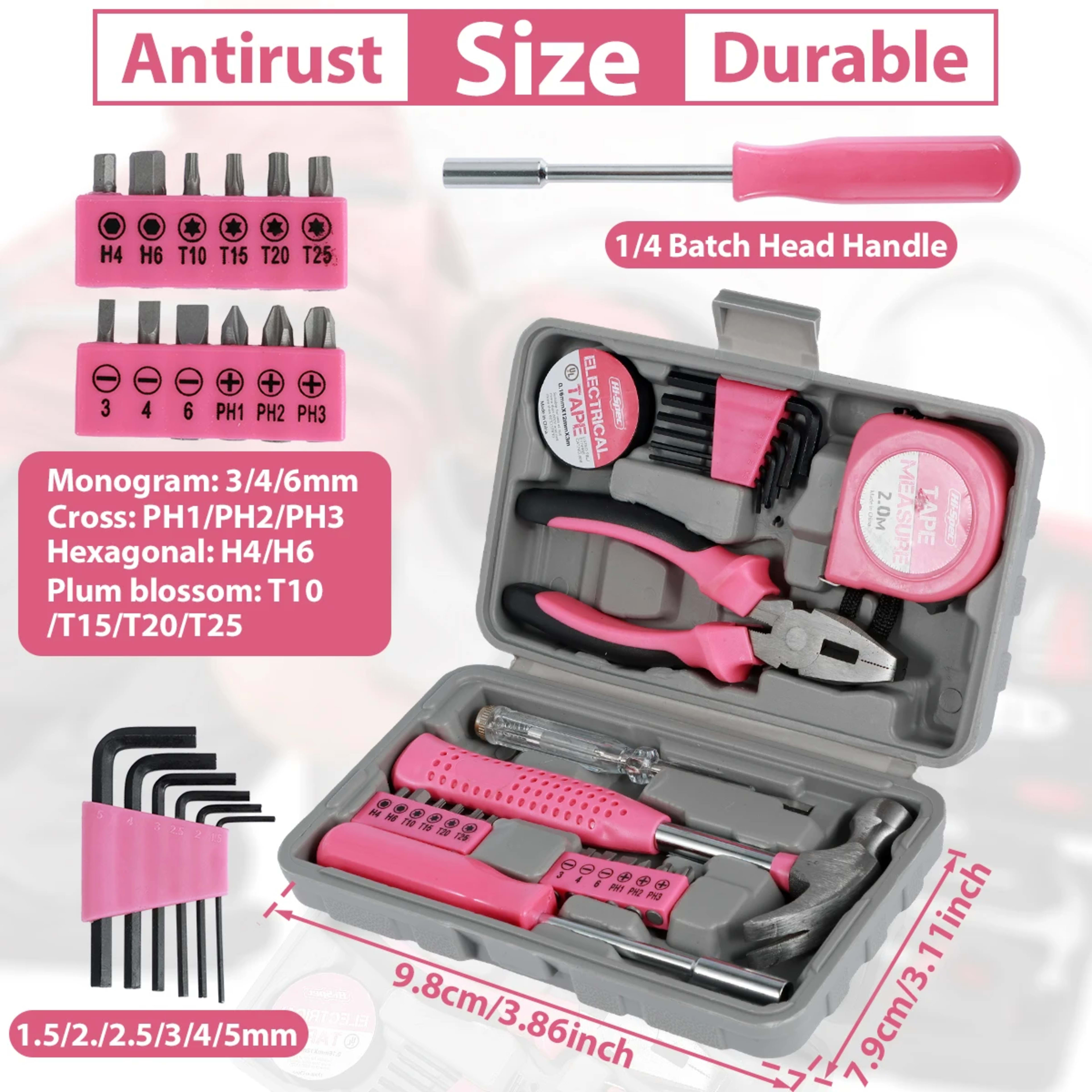 13/24Pcs Household Repair Tool Kit Multi-Purpose Pink Home Hand Tool Set with Storage Case Durable Hammer and Allen Key  2