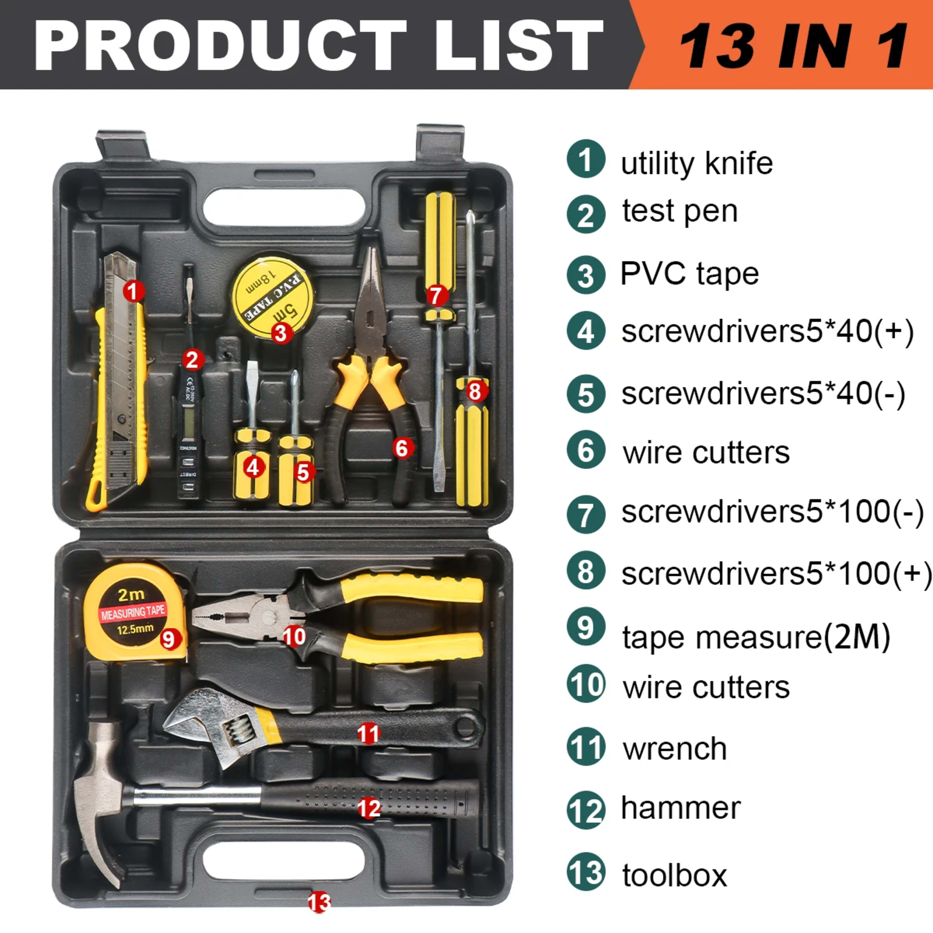 8/9/12/13Piece Tools Set General House hold Hand Tool Kit with Plastic Toolbox Storage Case Used to Car repair And home  9
