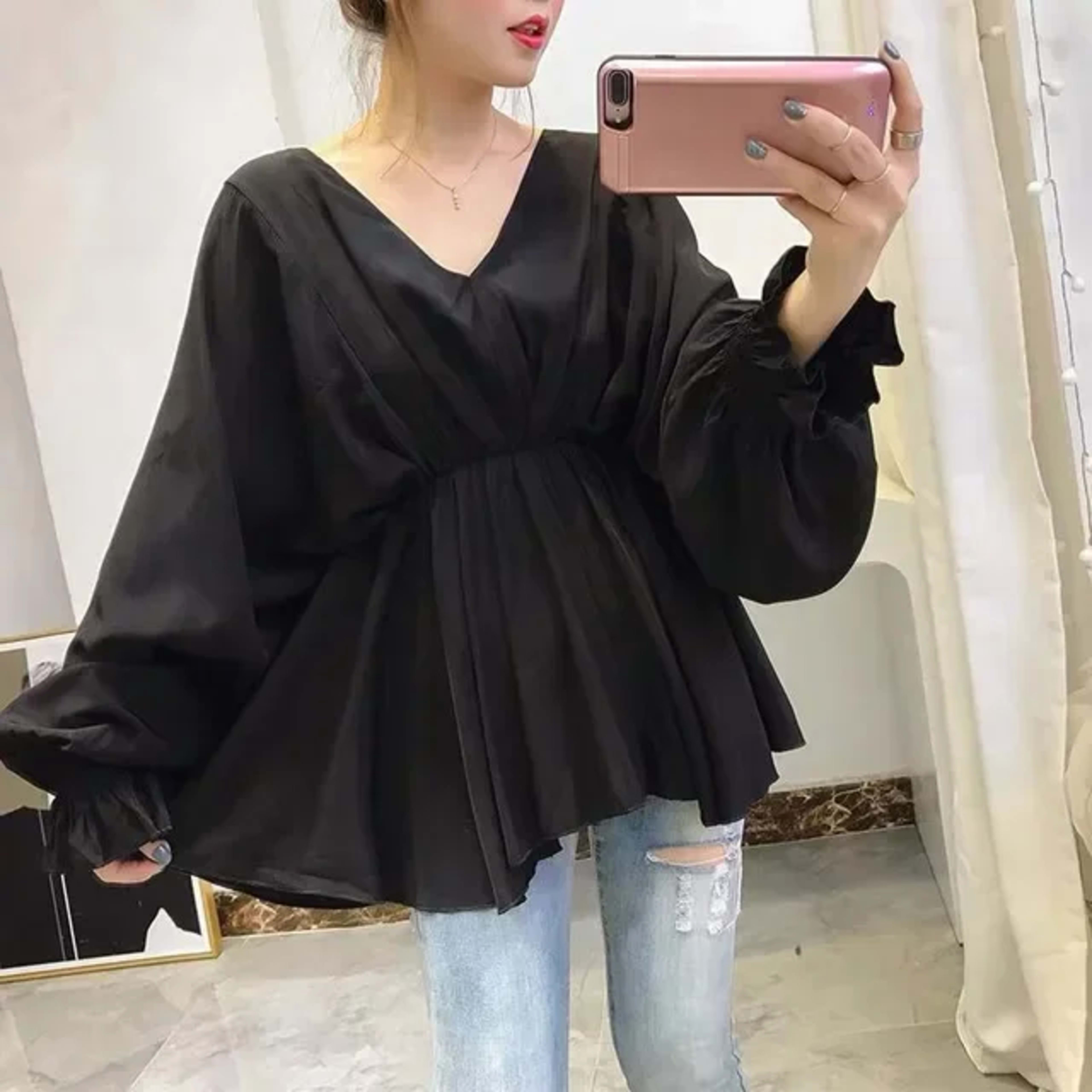 Blouse For Women Oversized Tops Long Sleeve V-neck Chiffon Slim Waist Shirts 2025 Blusas Mujer De Moda Folds Chic Summer 3