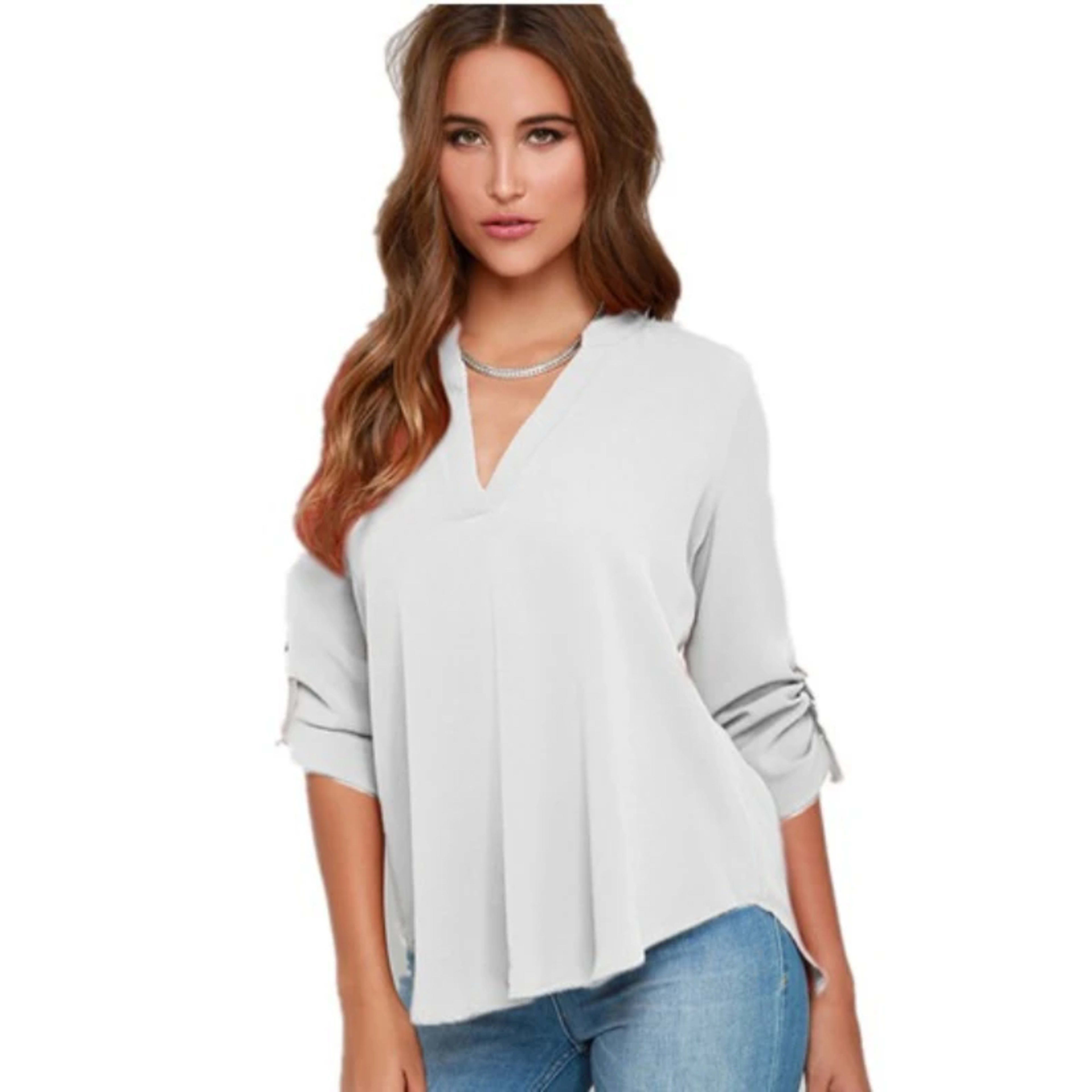 Women Tops Blouses Long Sleeve V-Neck Chiffon Blouse office work Shirt