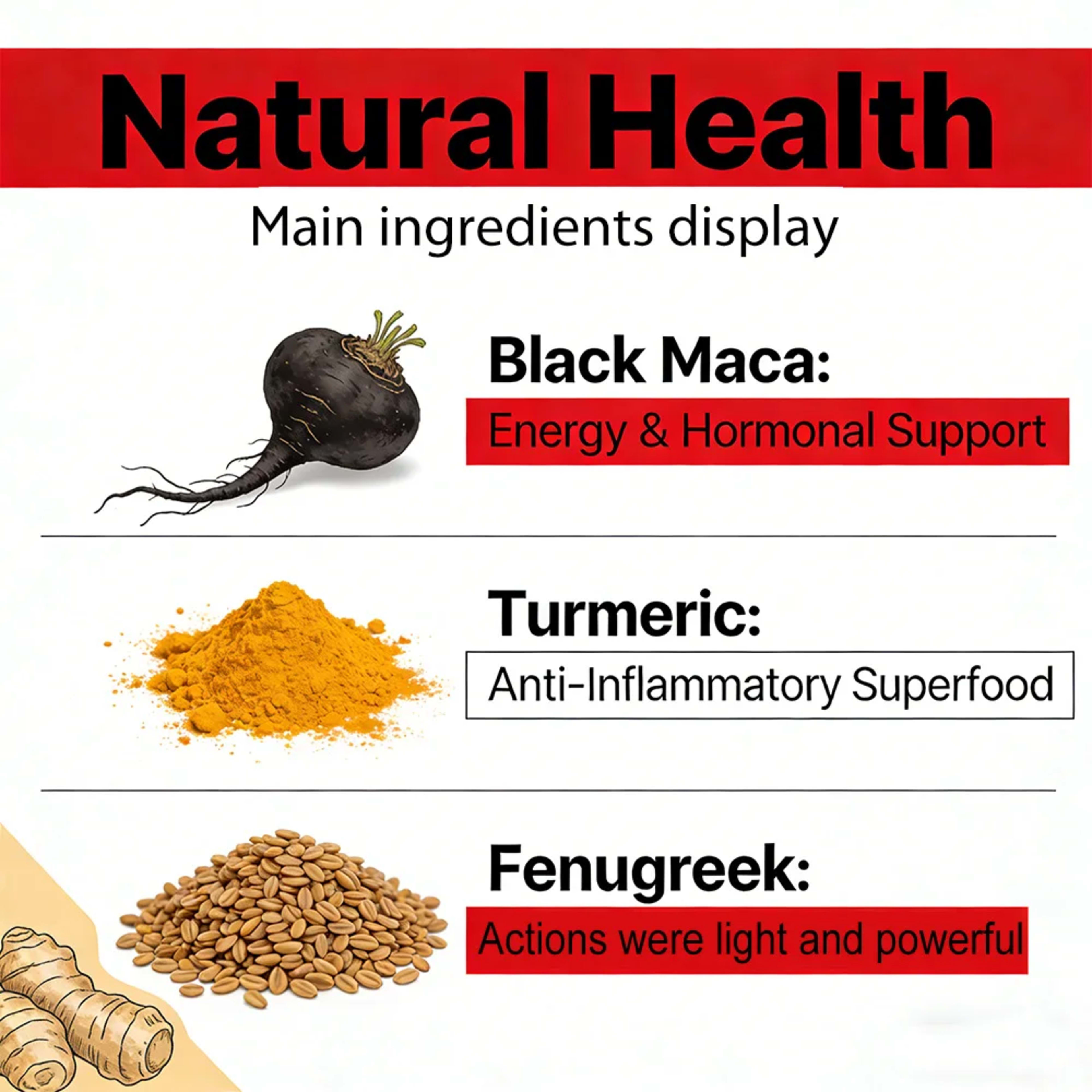 Fenugreek Supplement Capsules, with Turmeric, Black Maca, Endurance, Energy, Strength Support, Improves Mood, Overall He 2