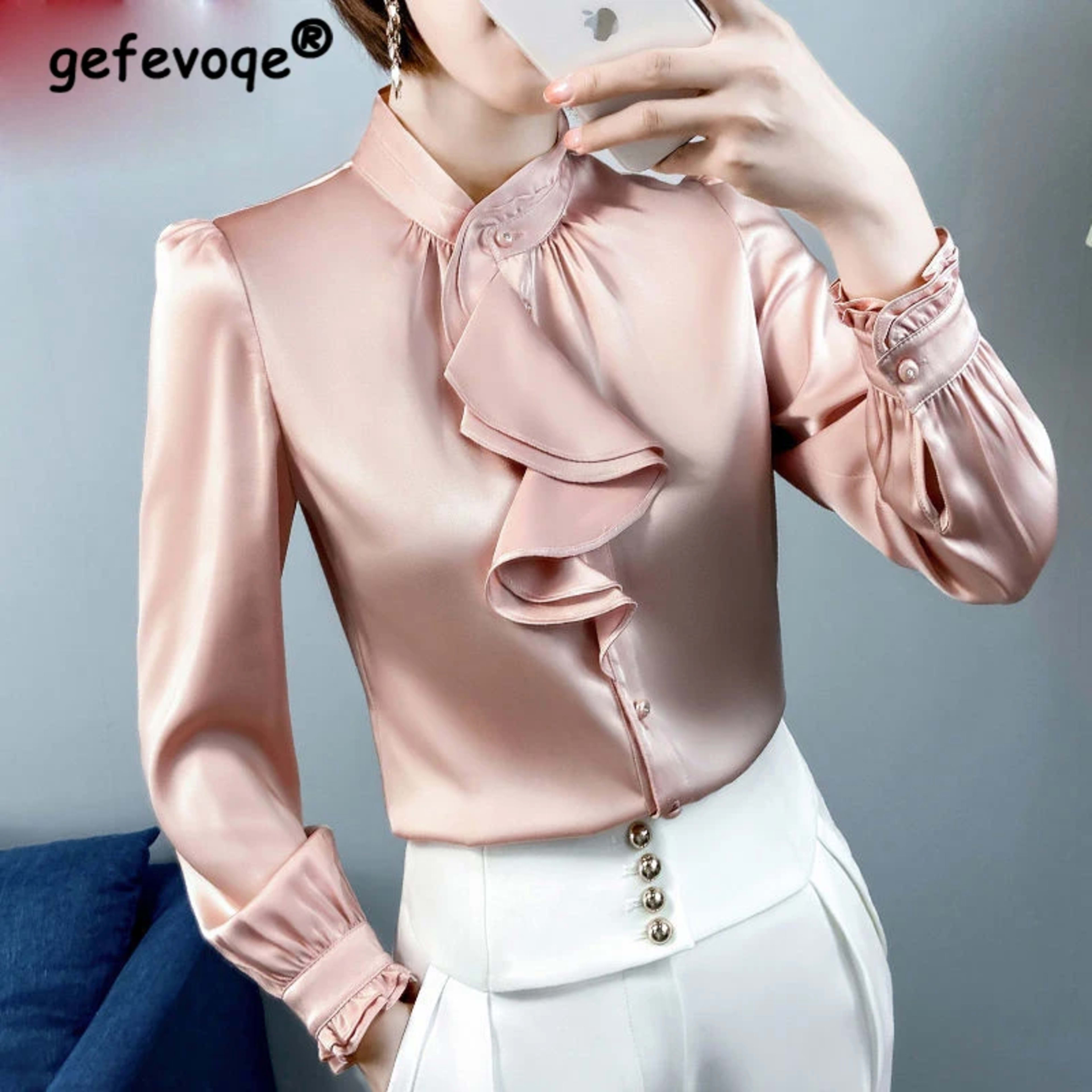 Feminine Blouse Spring Autumn New Elegant Fashion Wave Cut Ruffles Office Lady Shirts Long Sleeve Stand Collar Solid Top 1