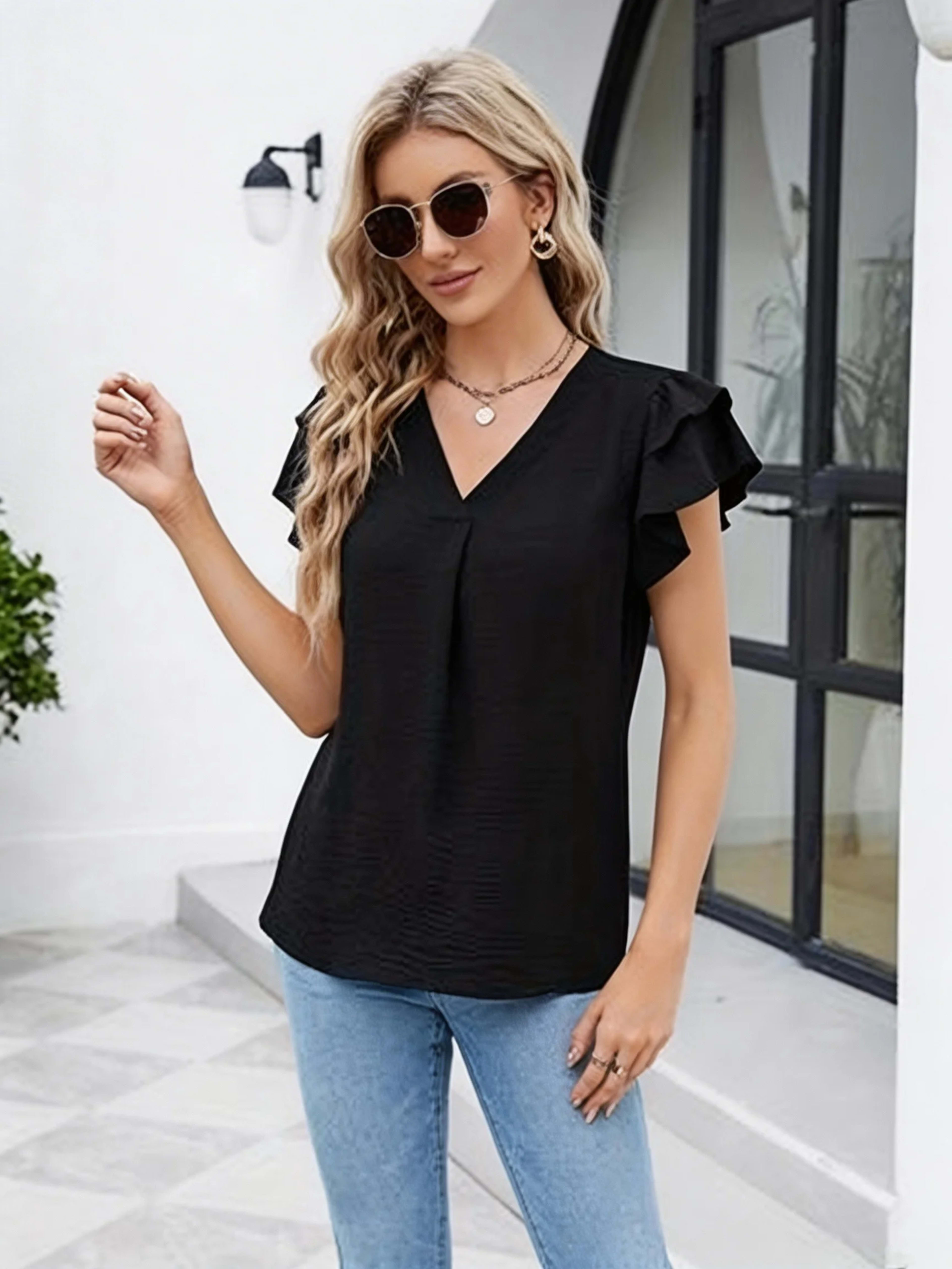 Women's Casual Blouse - V-Neck Ruffle Sleeve Top with Soft Wrinkled Fabric for Daily Wear 4