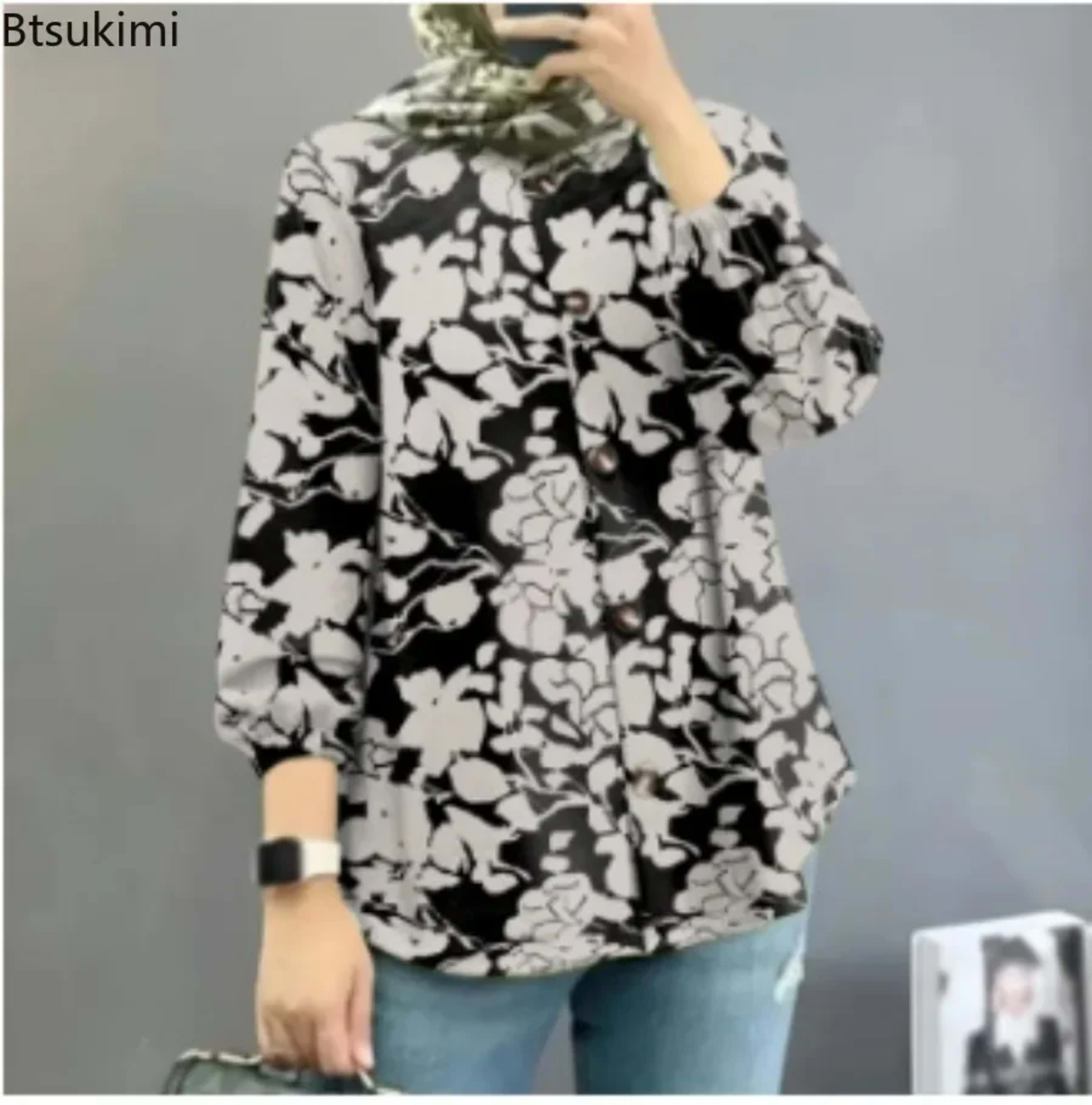 2026 Women Bohemian Blouse Vintage Floral Print Long Sleeve Lace-up Shirt Tops Casual Fashion Muslim Abaya Holiday Blusa 5