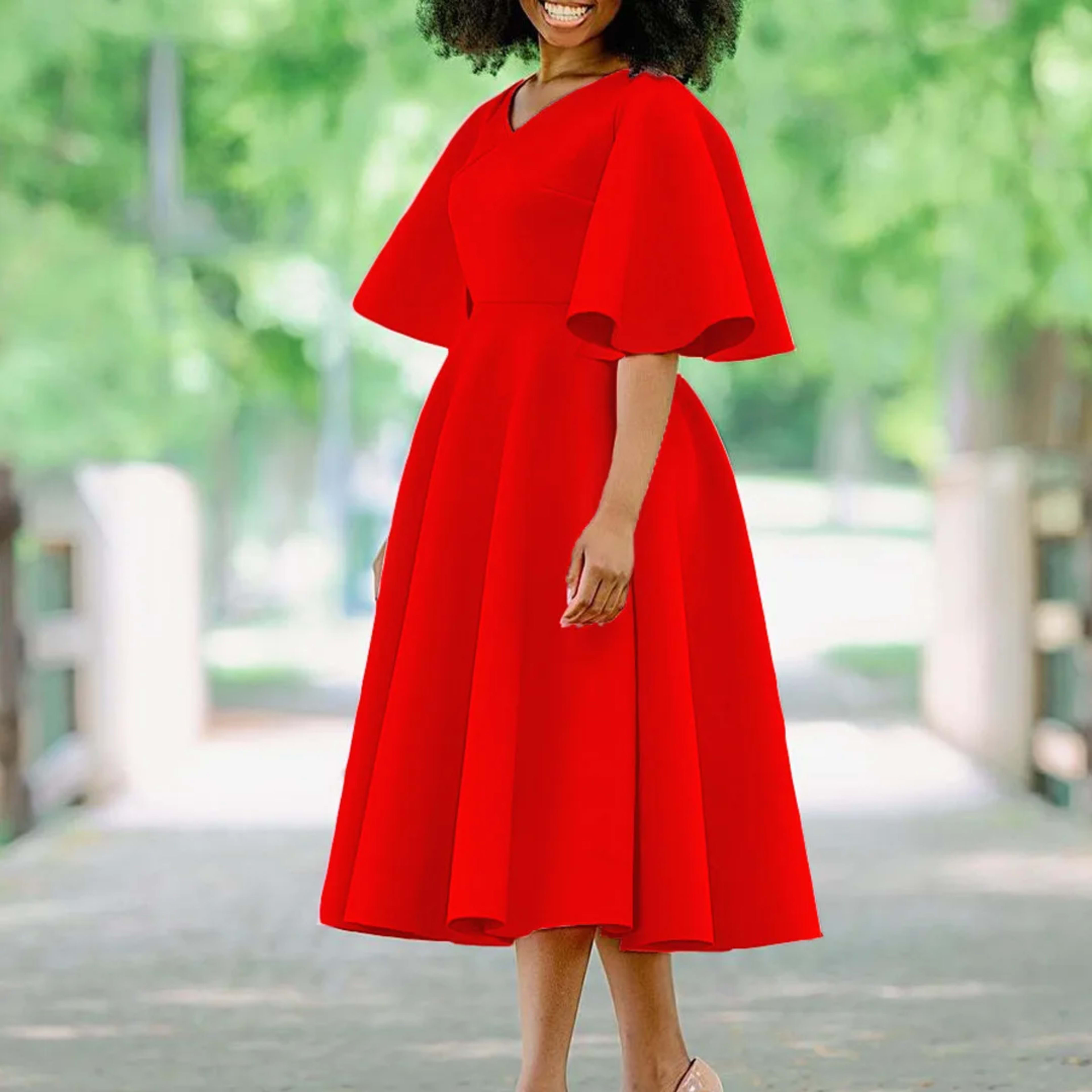 Elegant Dresses for Women V Neck Flare Sleeve High Waisted Pleated A Line Mid Calf Luxury Birthday Party Dinner Vestidos 4