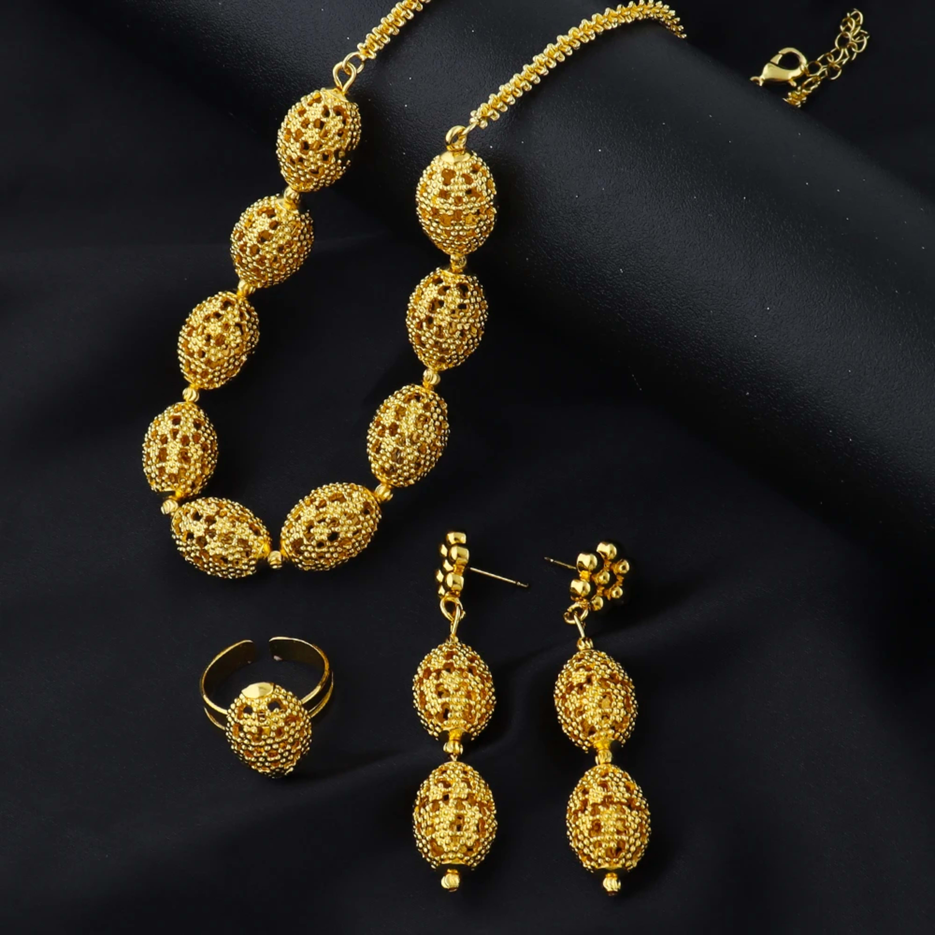 women  jewelry set indian arabic african ethiopian golden color jewelry set Hollow Out Oval Necklace Earrings Ring free  3